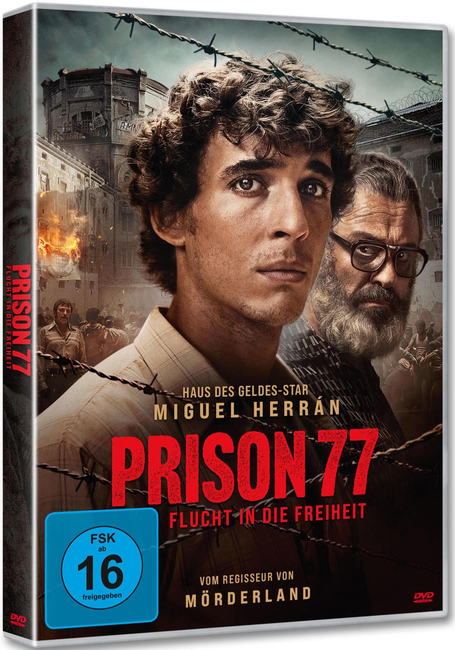 Poster film: Due uomini, prigione sullo sfondo, filo spinato. "Prison 77".
