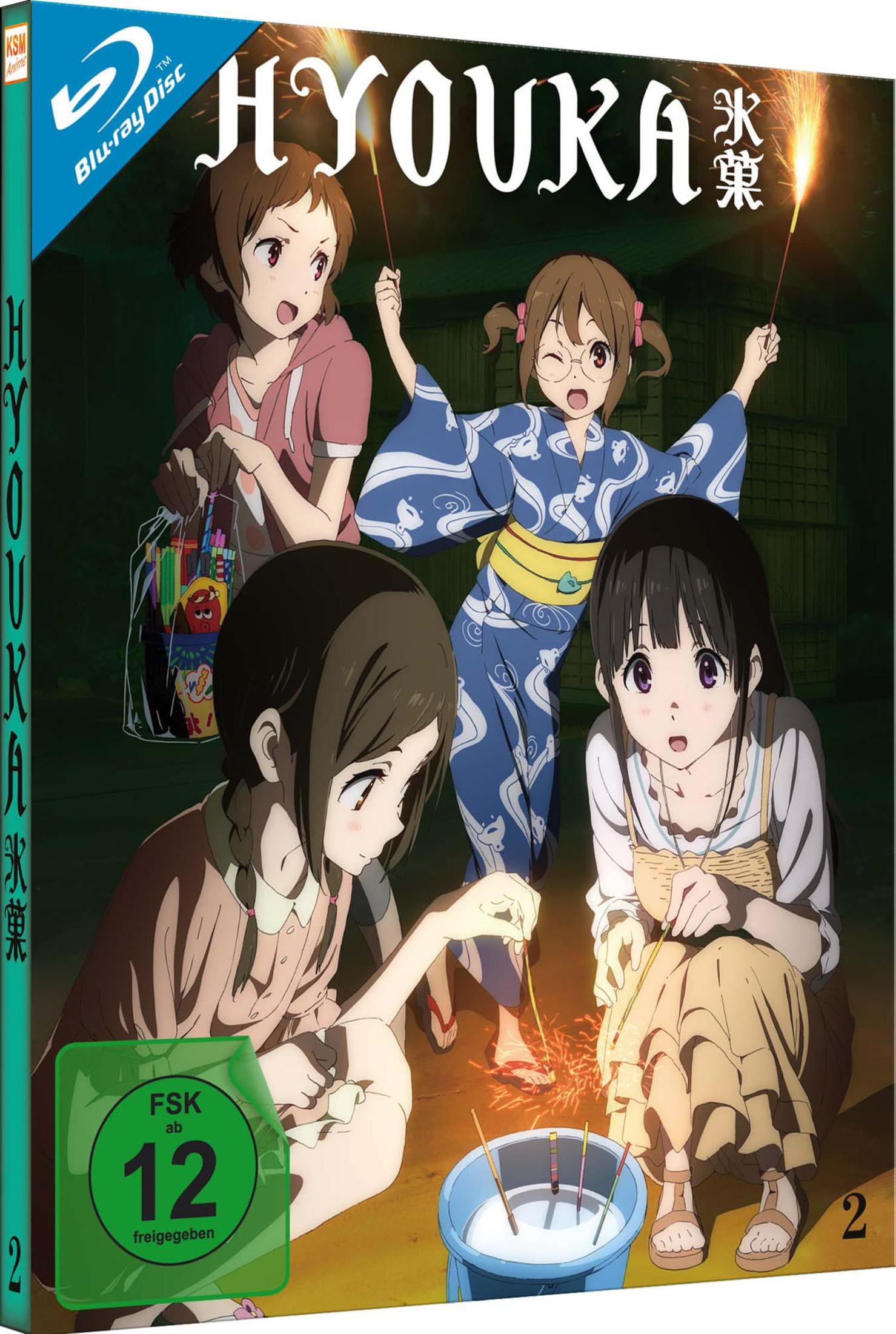 Quattro ragazze anime accendono scintille, visibile un kimono blu-bianco e logo FSK 12.
