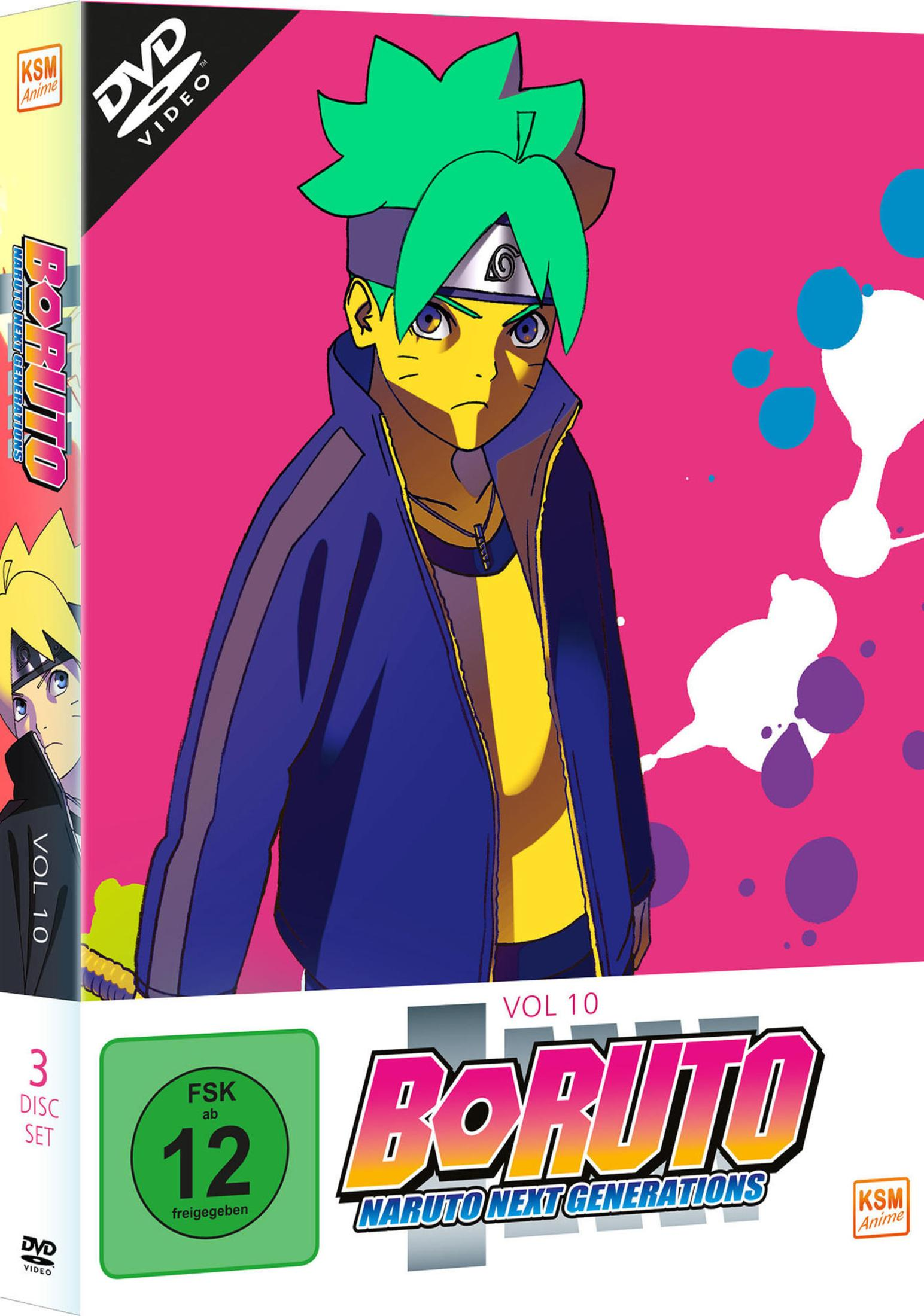 Copertina DVD anime di Boruto Vol. 10. Presenta un ragazzo con capelli verdi e pelle gialla.