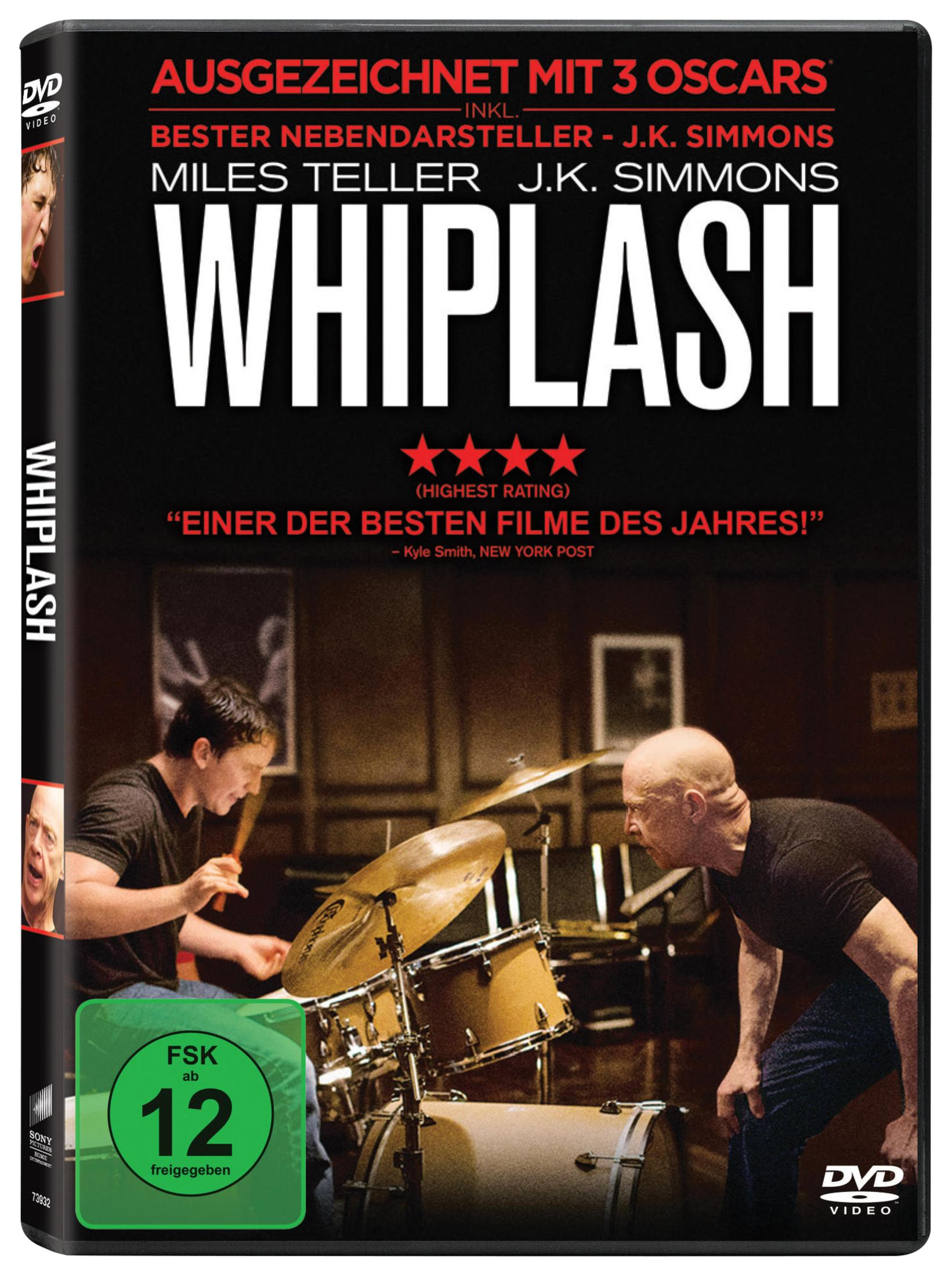 Copertina DVD: Whiplash con due uomini che suonano la batteria.