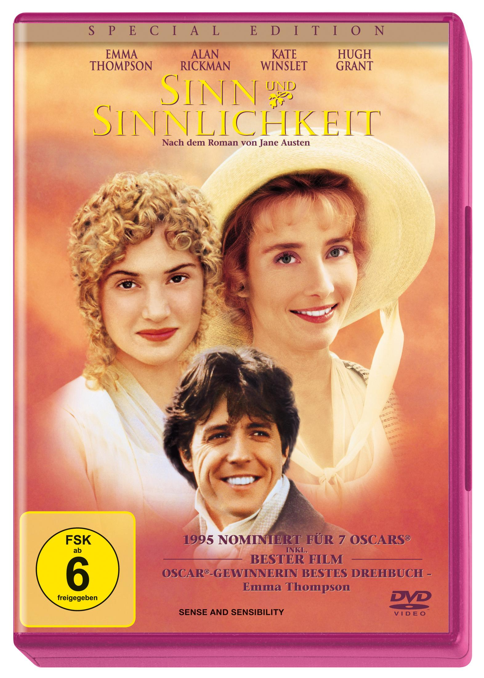 Copertina DVD con tre attori, titolo 'Ragione e sentimento', rating FSK 6.