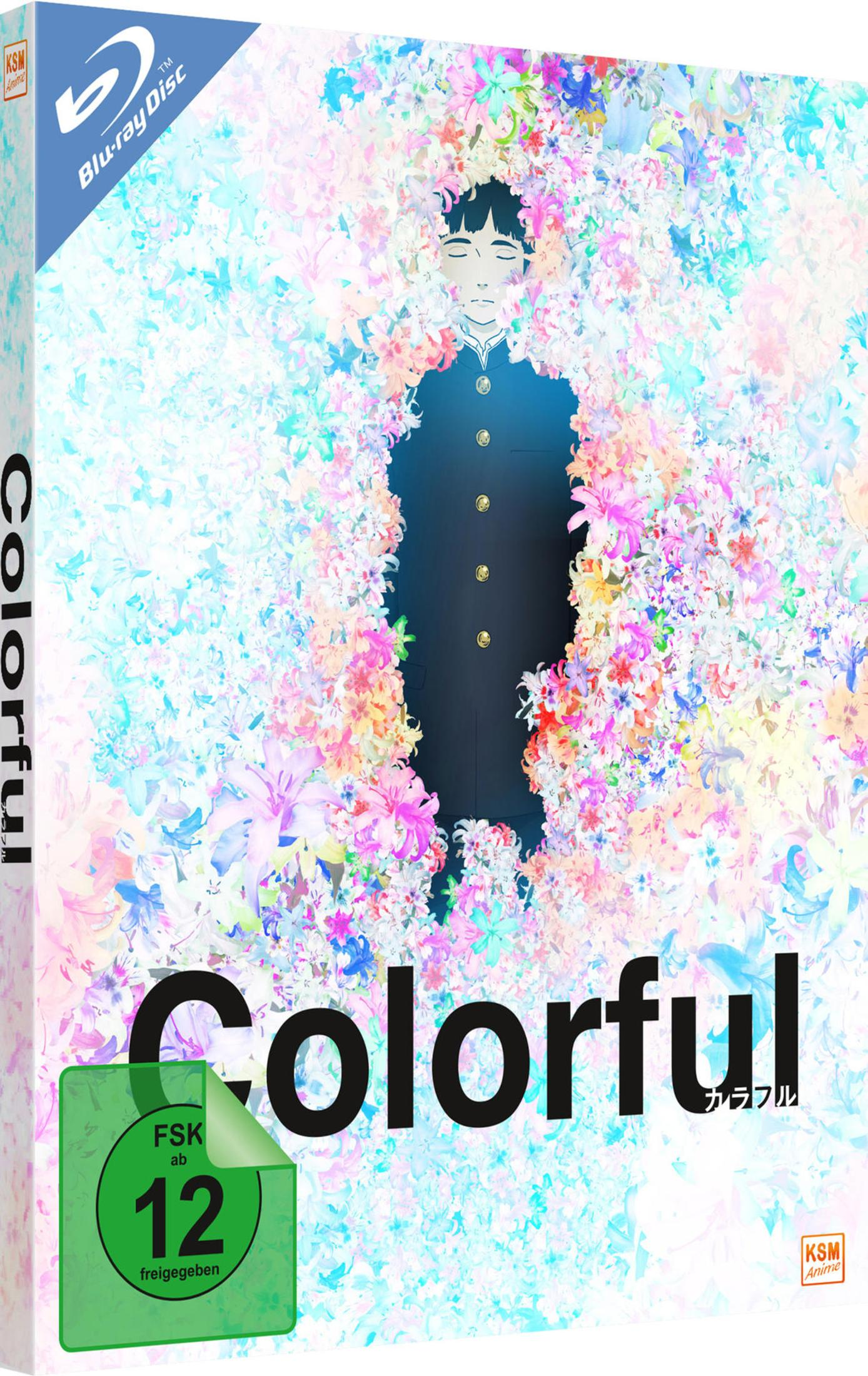 Copertina Blu-ray di Colorful con un ragazzo in un paesaggio floreale.