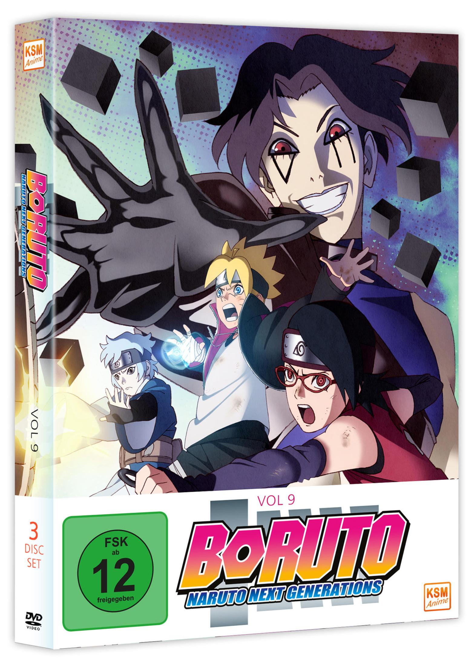 Copertina DVD Anime Boruto: Personaggi, cubi neri, logo KSM Anime, rating FSK 12.