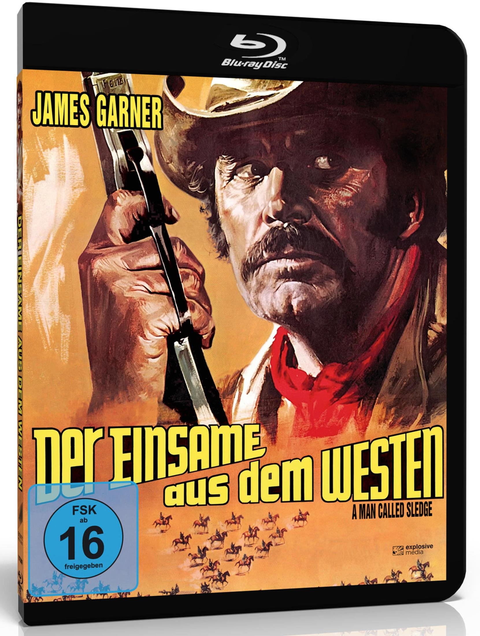 Copertina di un film western con James Garner che tiene una pistola. Piccoli cavalieri sullo sfondo.