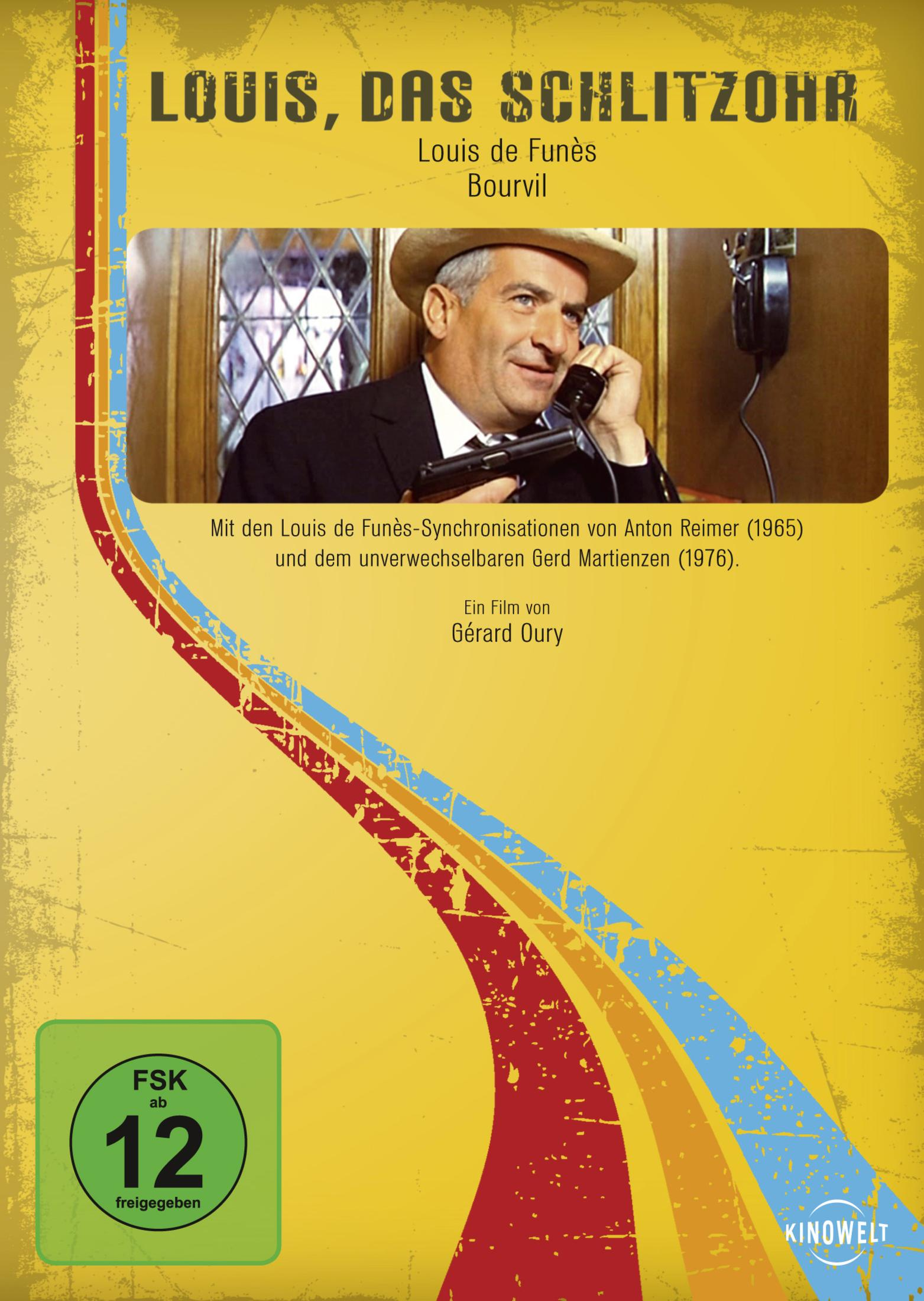 Louis de Funès al telefono con cappello e vestito, telefono e finestra dietro.