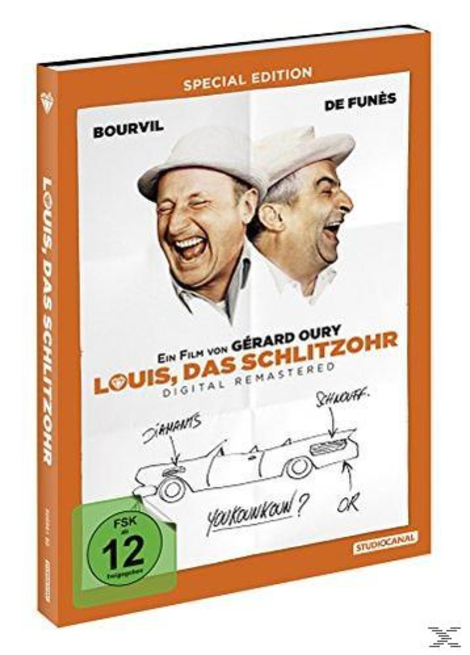 Copertina DVD: Bourvil e de Funès ridono. Sotto, un disegno di un'auto.