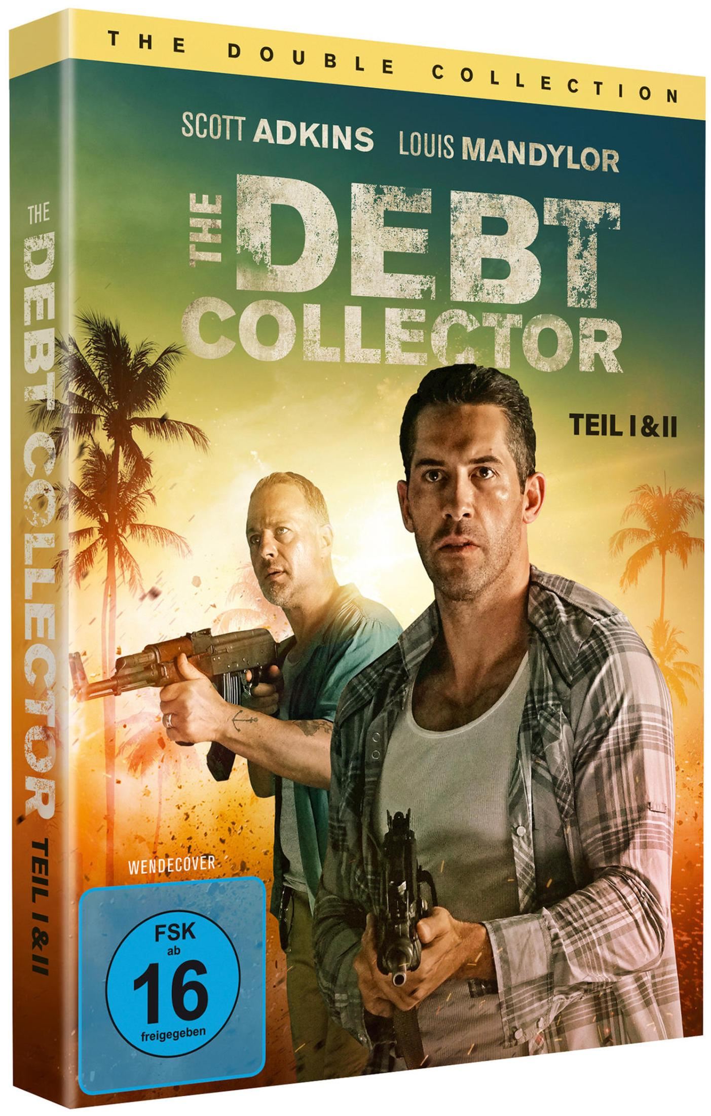 Zwei Männer mit Waffen vor Palmen und Sonnenuntergang. Titel: The Debt Collector.