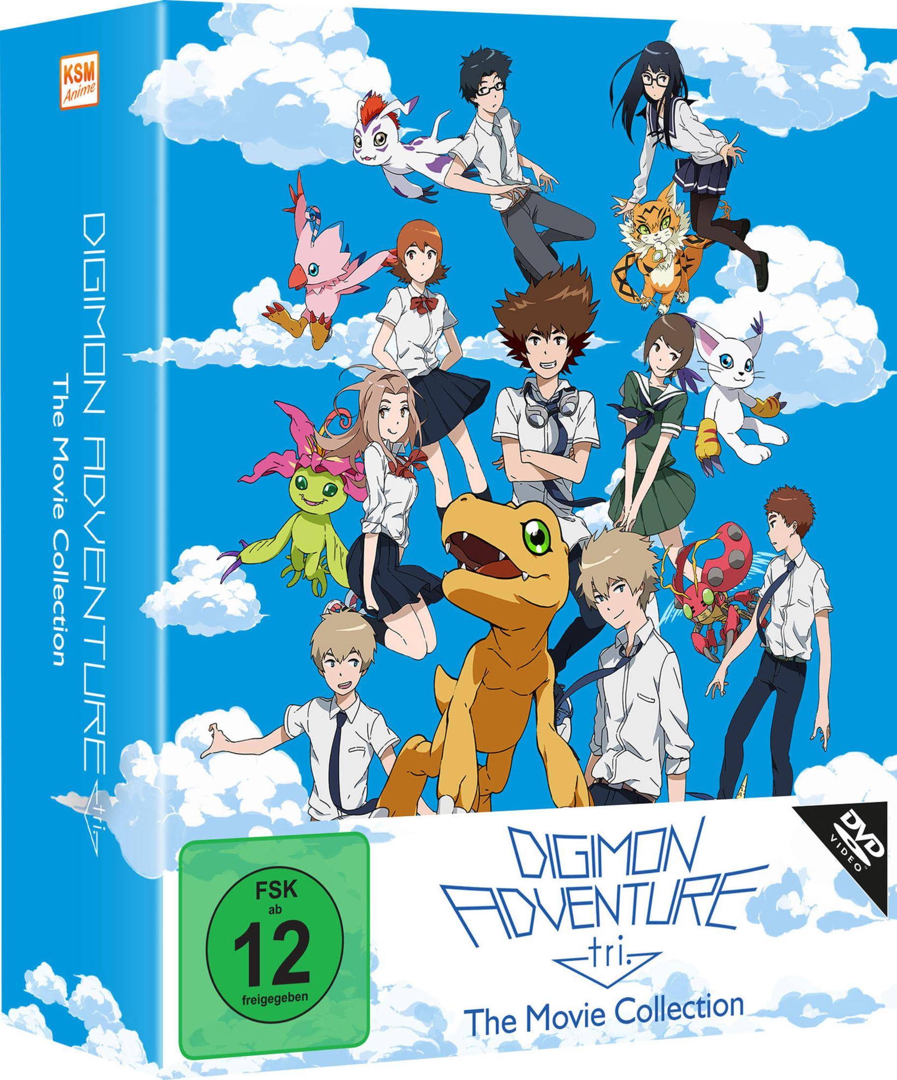 Personaggi Digimon in divise scolastiche fluttuano in un cielo blu con nuvole.