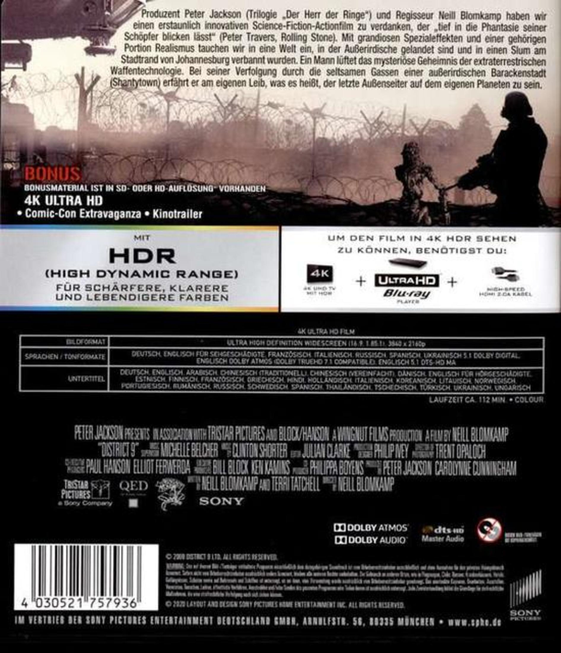 Retro di una custodia Blu-ray di District 9 con info film, contenuti bonus e specifiche.