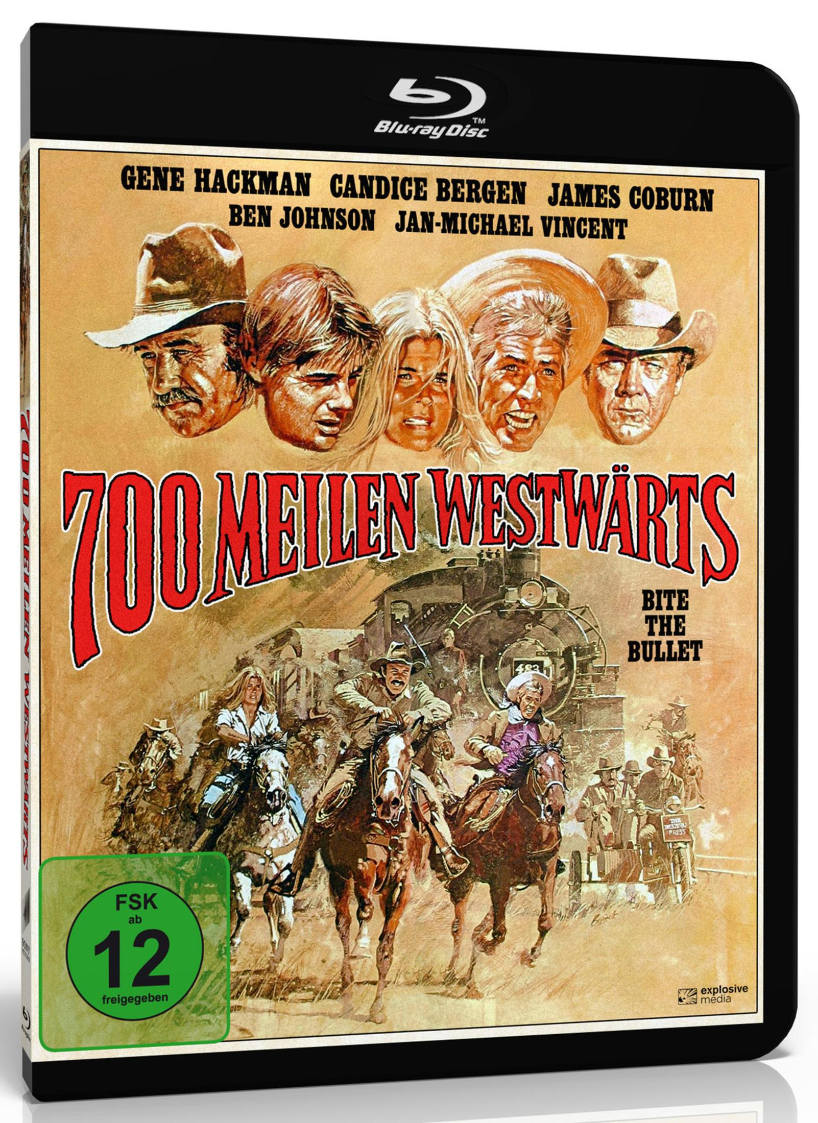 Western-Filmplakat mit Zug, Pferden, Reitern und Schauspielerköpfen.