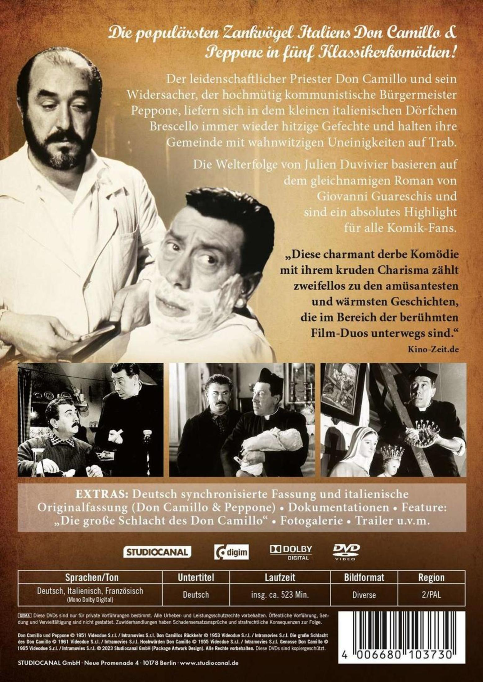 Poster del film con ritratti di Don Camillo e Peppone, testo sulle commedie.