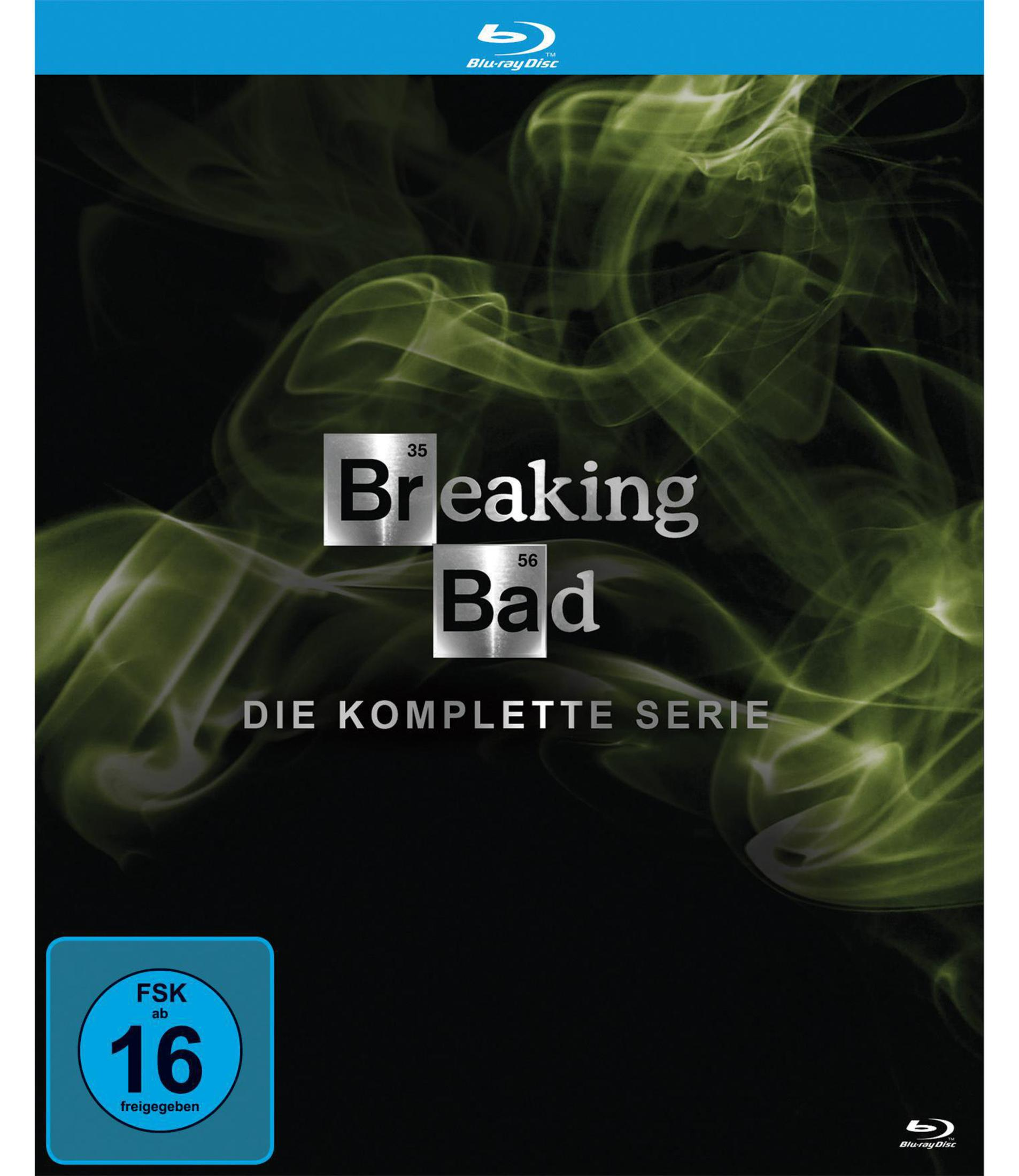 Coffret Blu-ray Breaking Bad avec sceau FSK 16 et fond de fumée.