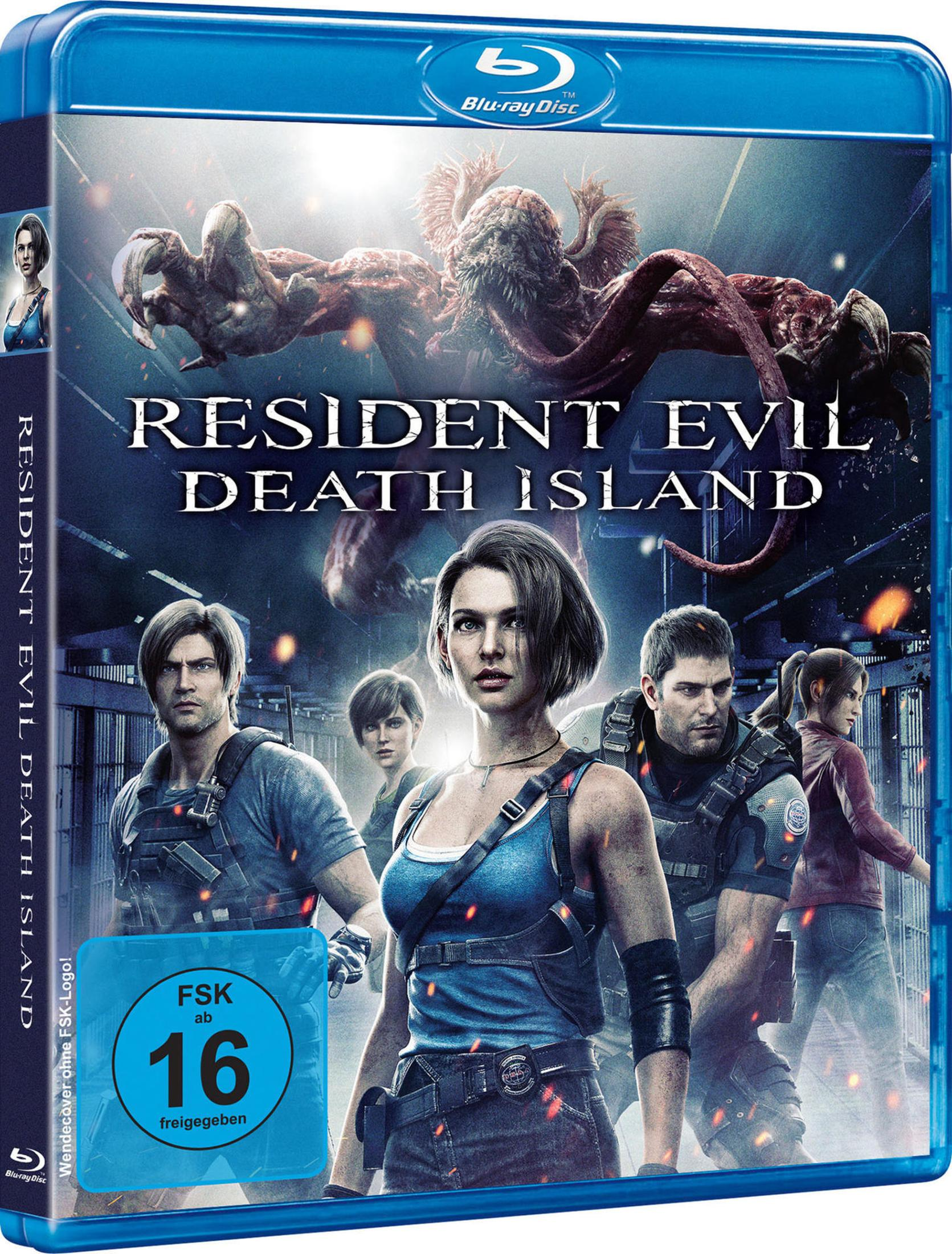 Copertina Blu-ray: Resident Evil Death Island con persone e mostro.