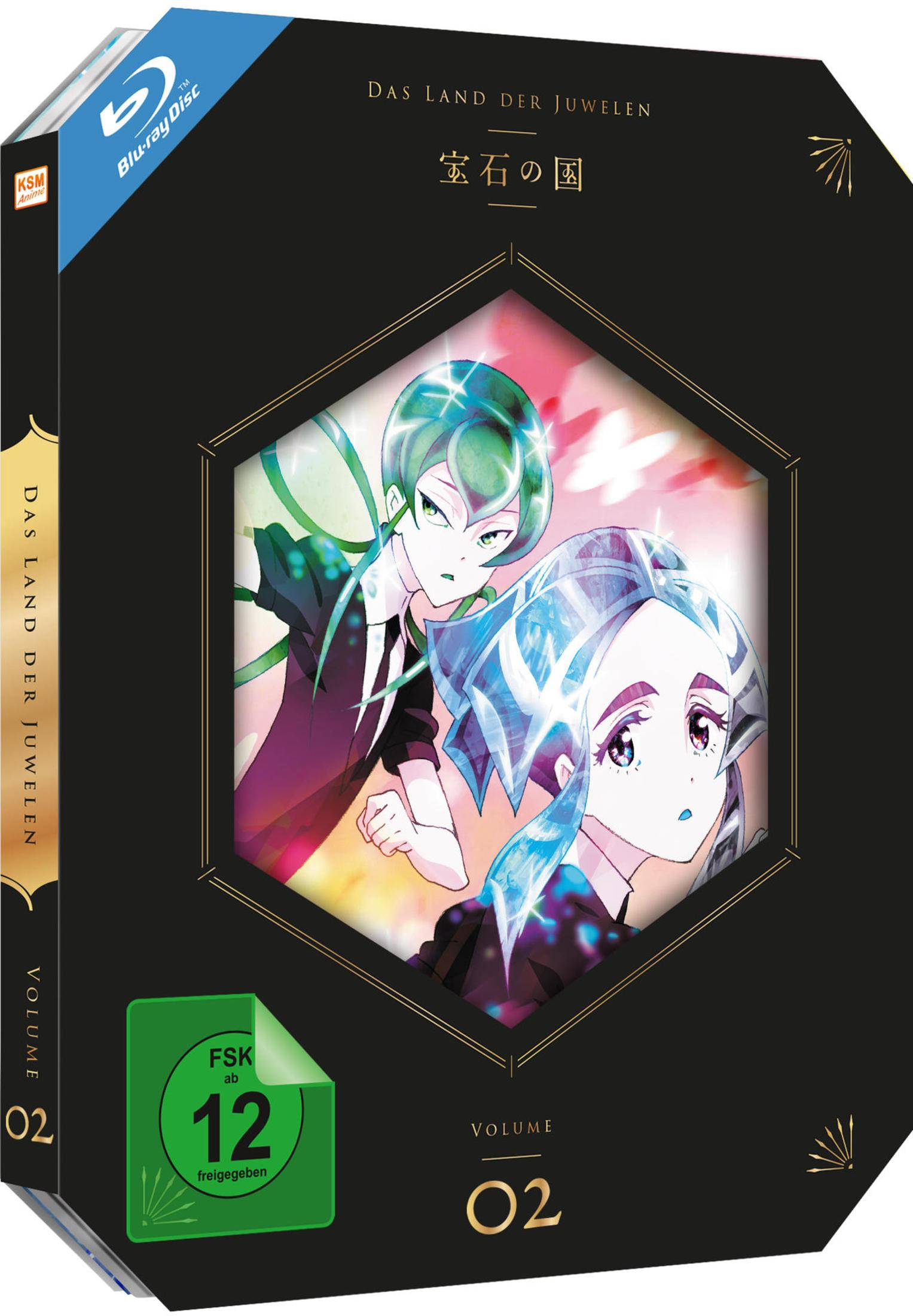 Anime Blu-ray Cover: Zwei Mädchen mit juwelenartigen Haaren auf schwarzem Hintergrund mit FSK 12.