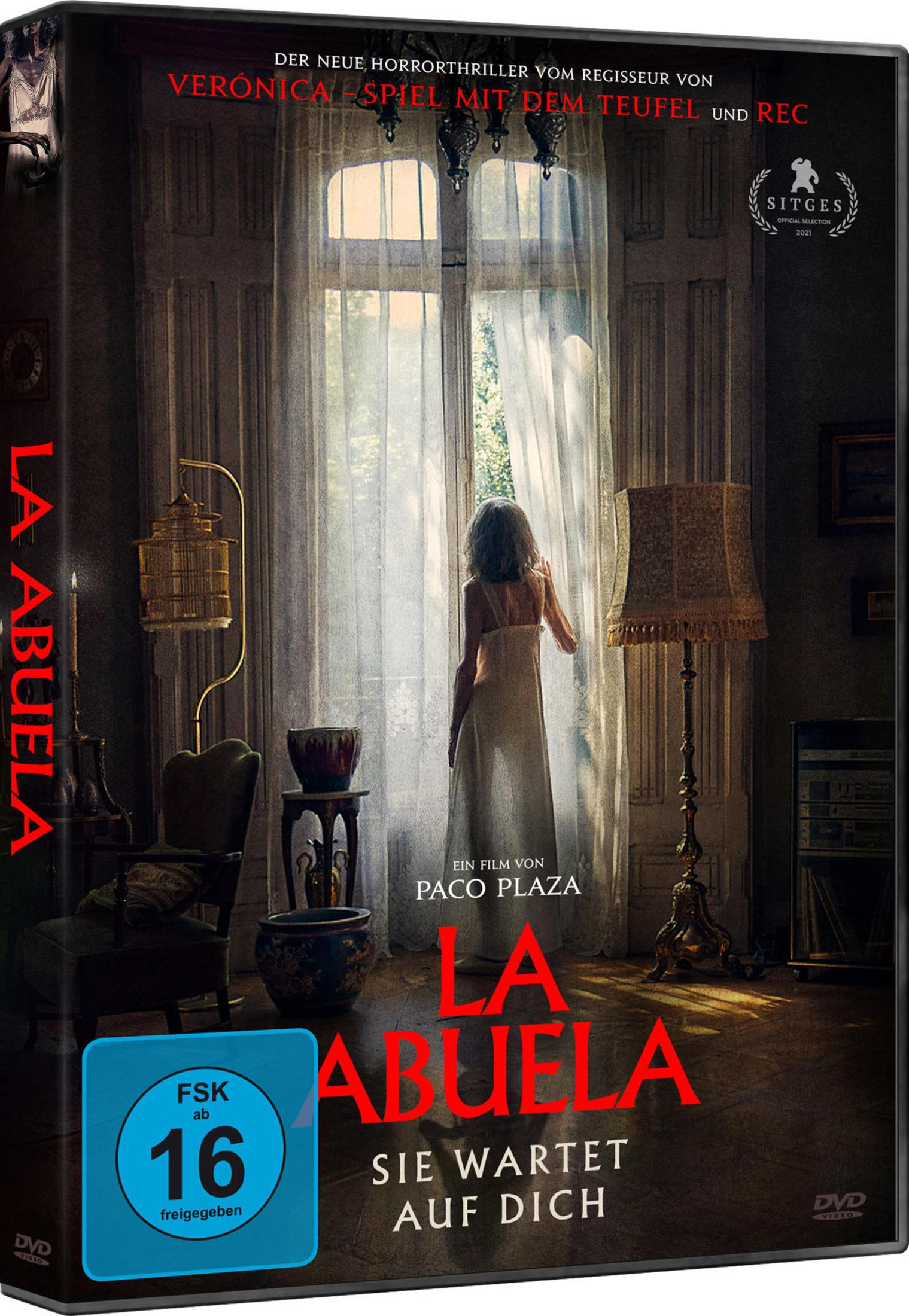 Una donna in un lungo abito vicino alla finestra. Copertina DVD 'La Abuela'.