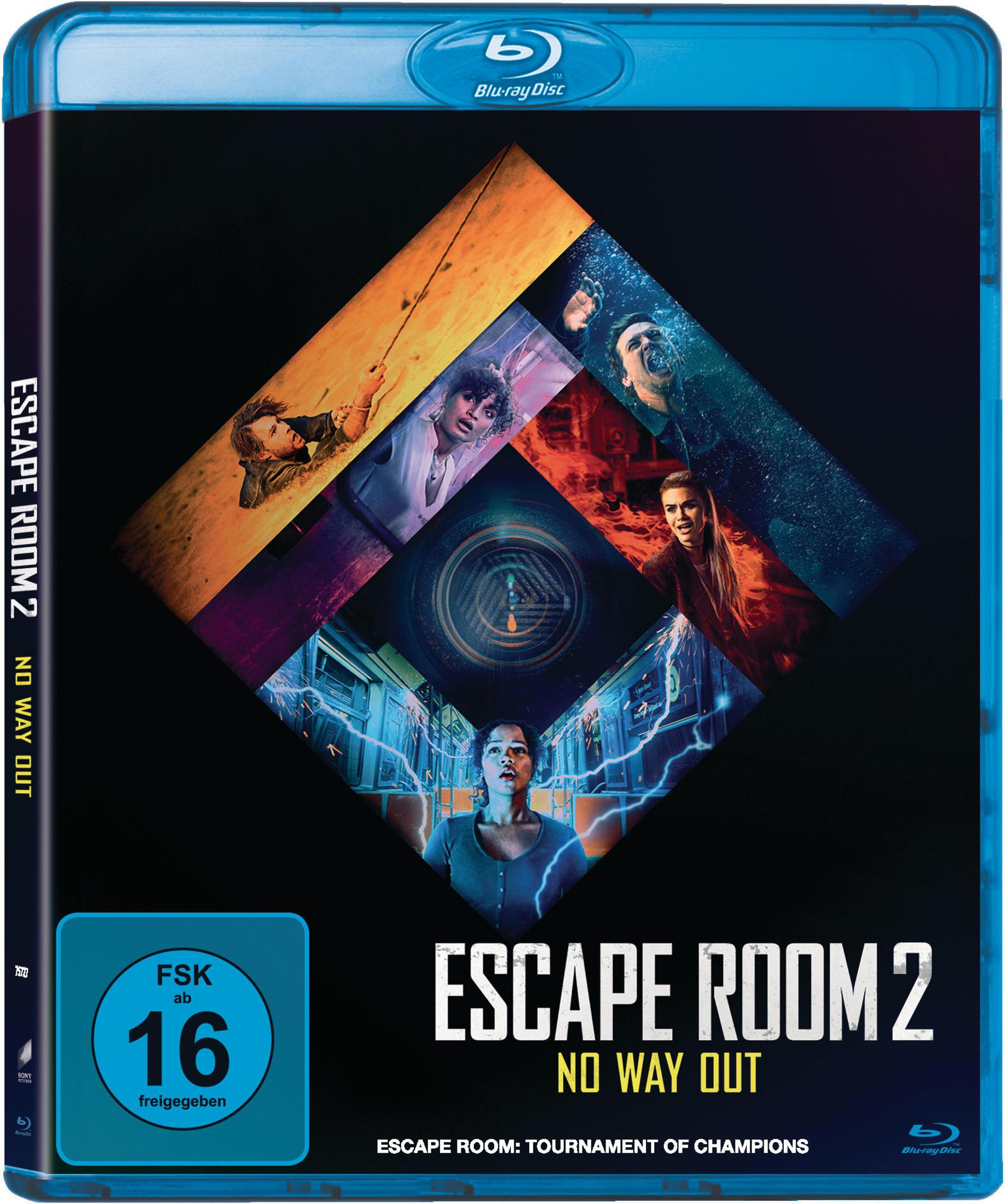 Blu-ray Hülle "Escape Room 2": Collage von Szenen mit Menschen in Gefahrensituationen.