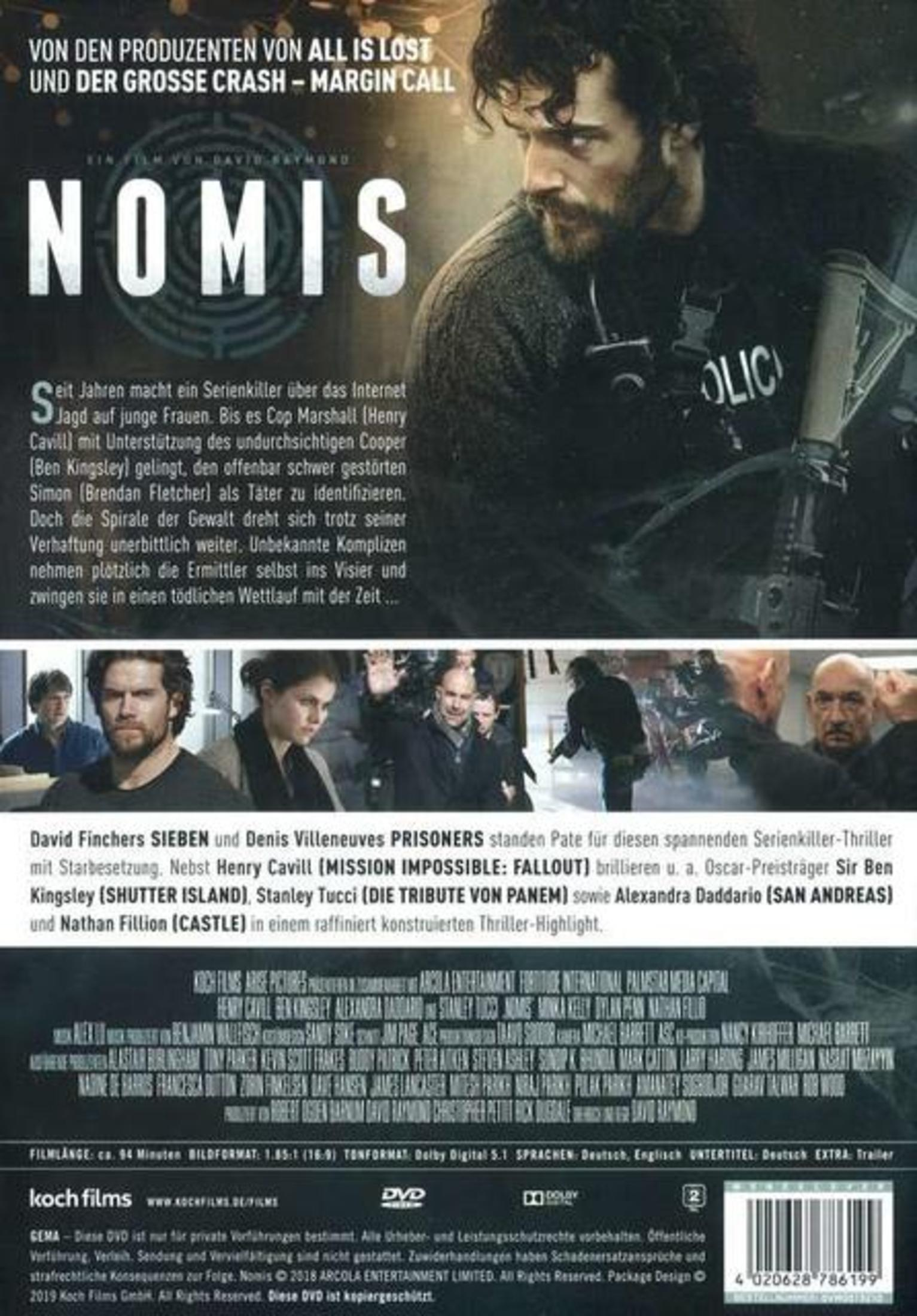 Ein Mann mit dunklem Haar und Bart blickt nach links. "Nomis"-Logo oben. Mehrere Filmszenen unten.