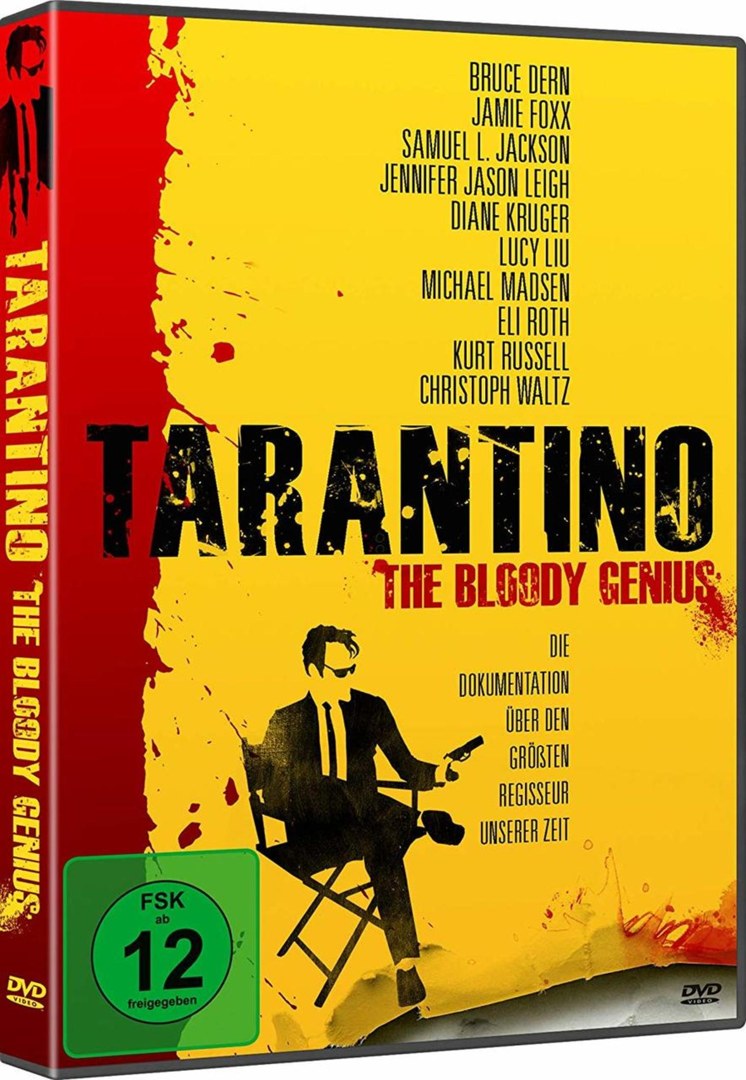Copertina DVD di Tarantino: The Bloody Genius, con la silhouette nera di un uomo con una pistola.