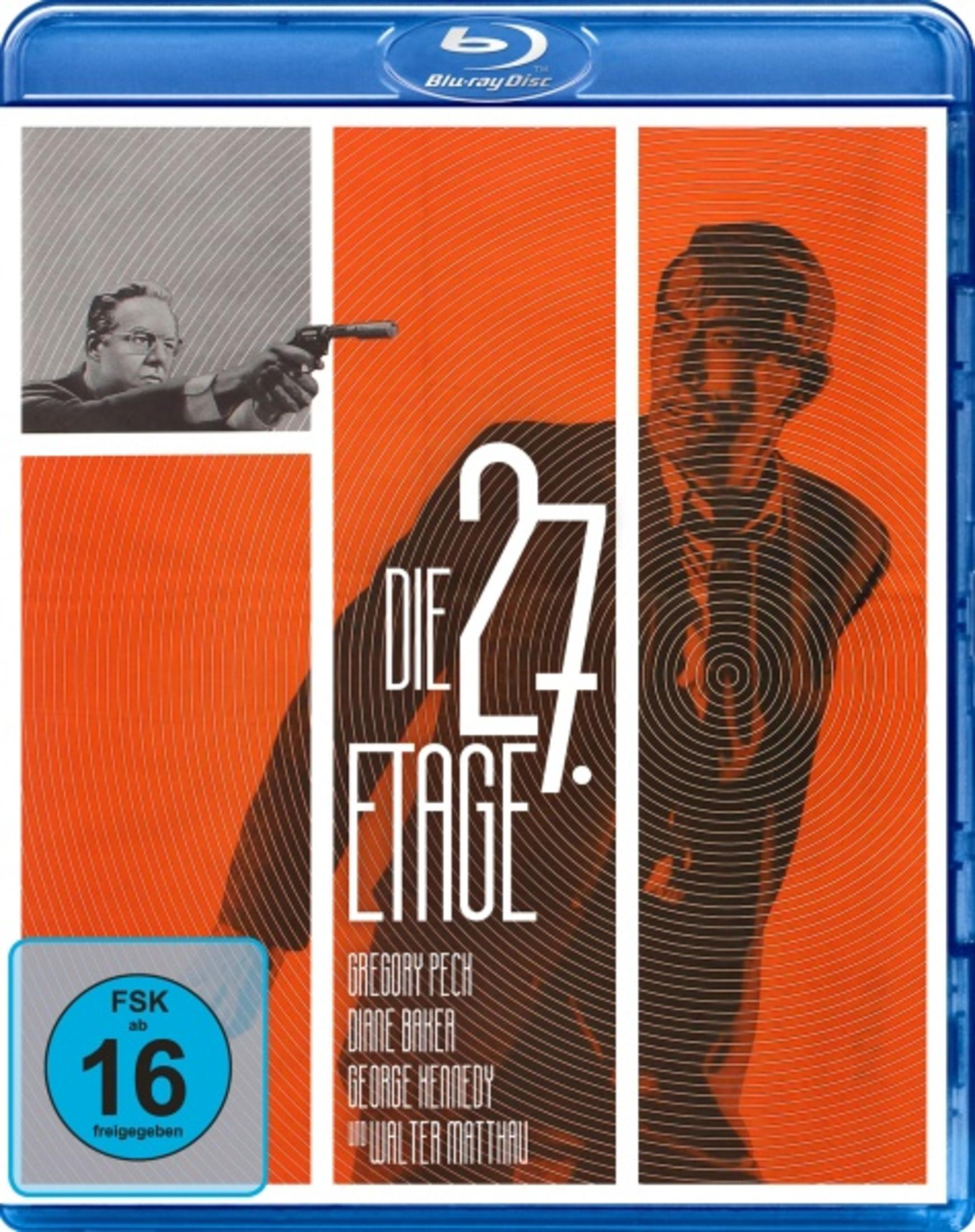Blu-ray Cover: Mann mit Waffe und Filmplakat "Die 27. Etage" mit Namen.