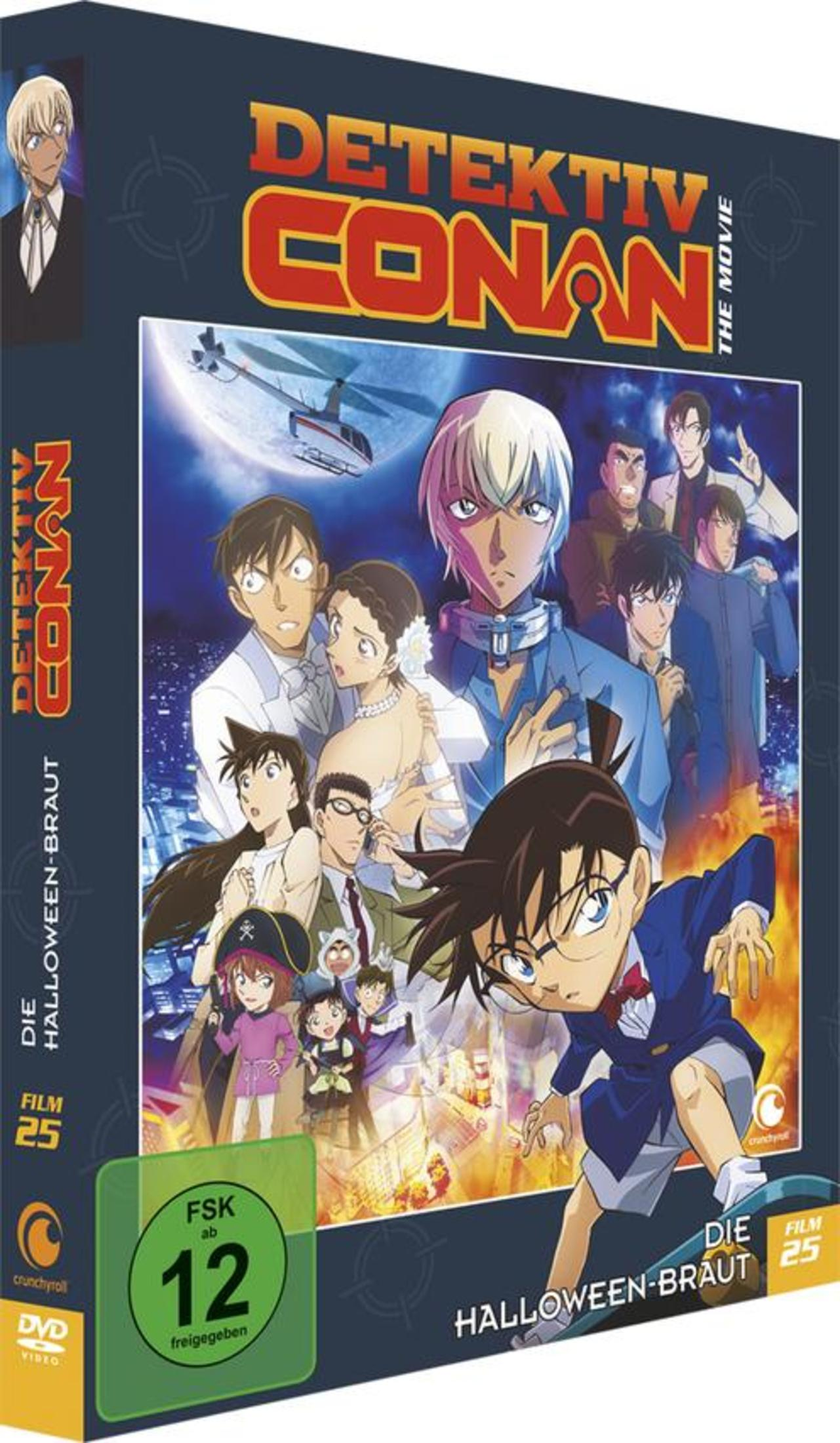 Detective Conan: La Sposa di Halloween, copertina DVD Film 25 con personaggi ed elicottero.