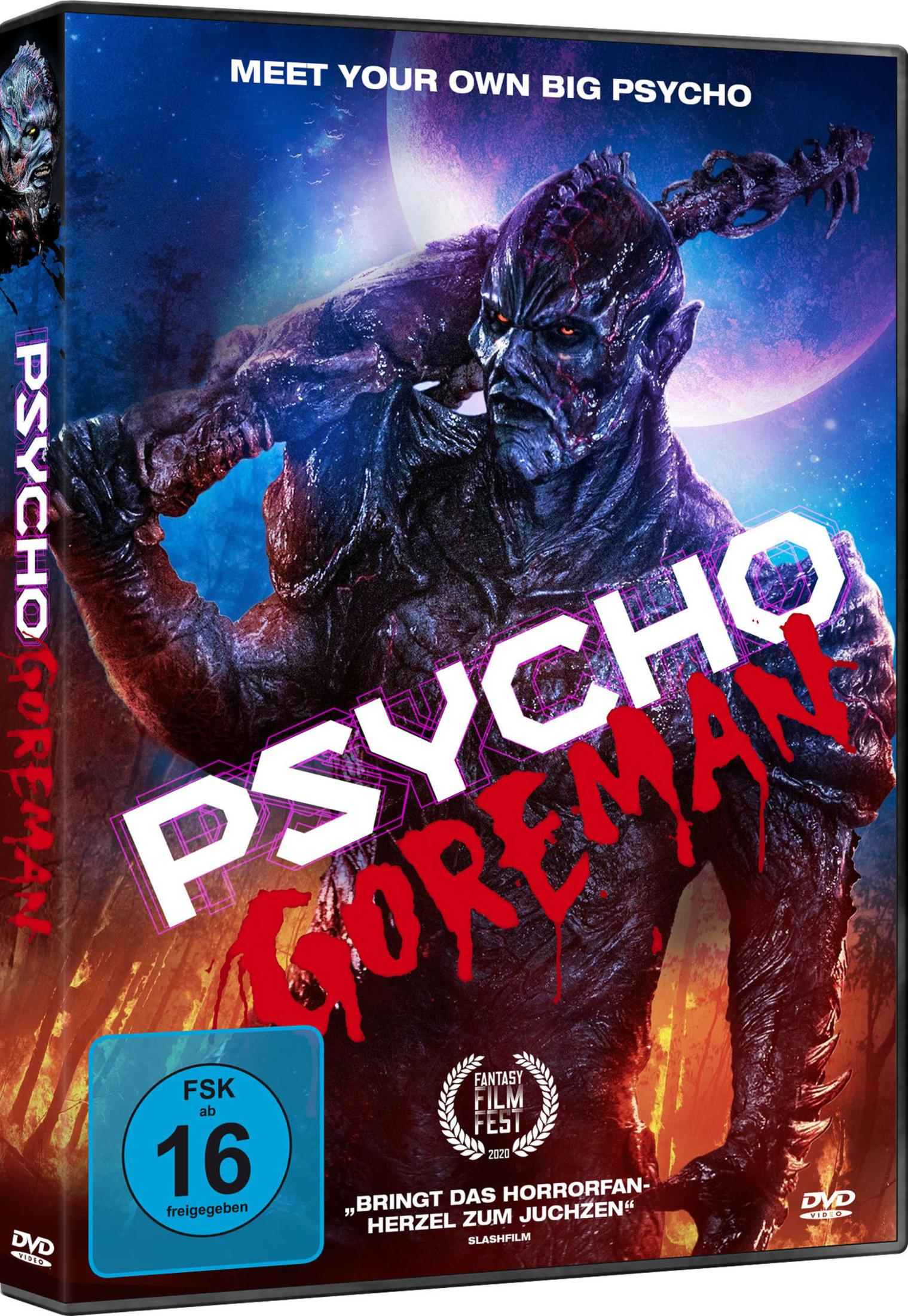 Copertina DVD: Una creatura mostruosa con occhi rossi incombe, intitolata "Psycho Goreman"