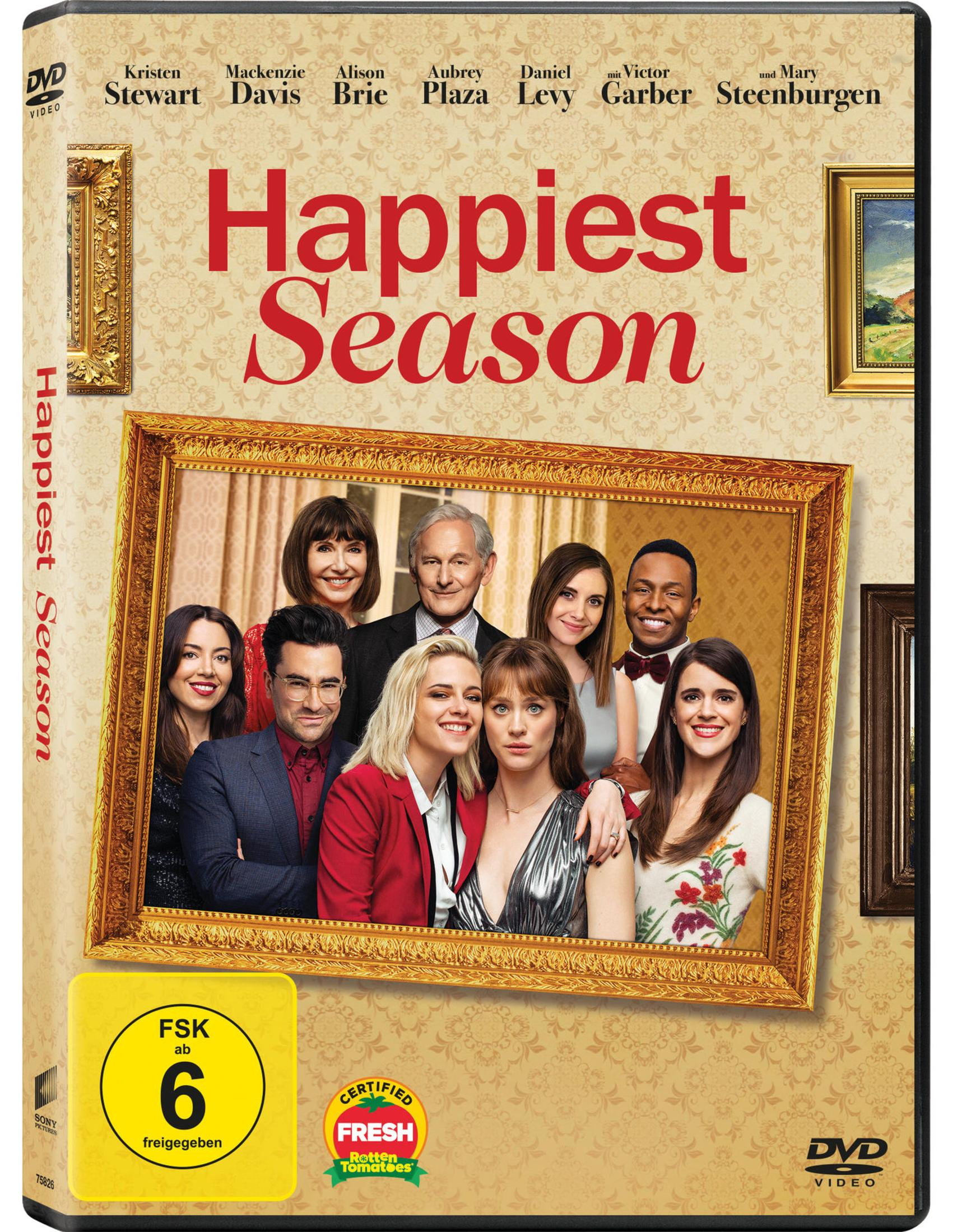 La copertina mostra il cast di "Happiest Season" su uno sfondo a motivi.