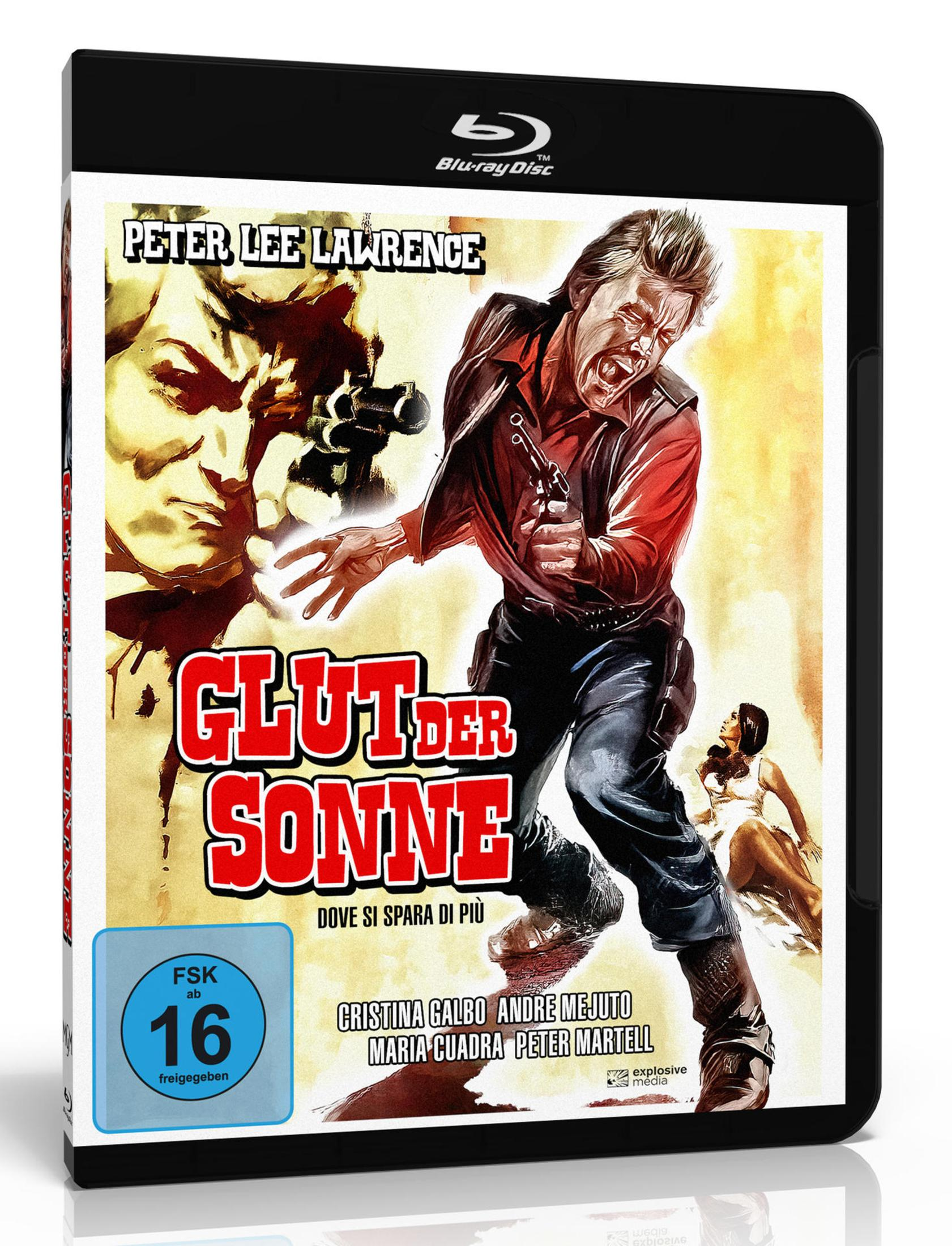 Copertina Blu-ray: Uomo con pistola, urlando, sopra il titolo 'Glut der Sonne'.