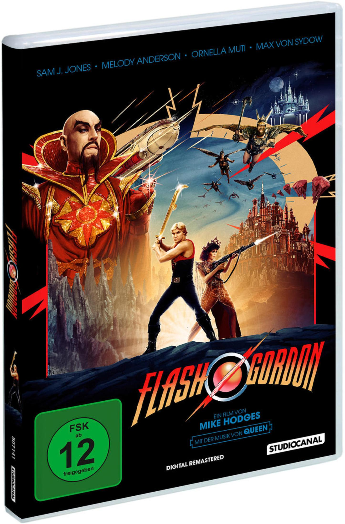 Poster del film: Flash Gordon con Ming, Flash e Dale su un pianeta roccioso.