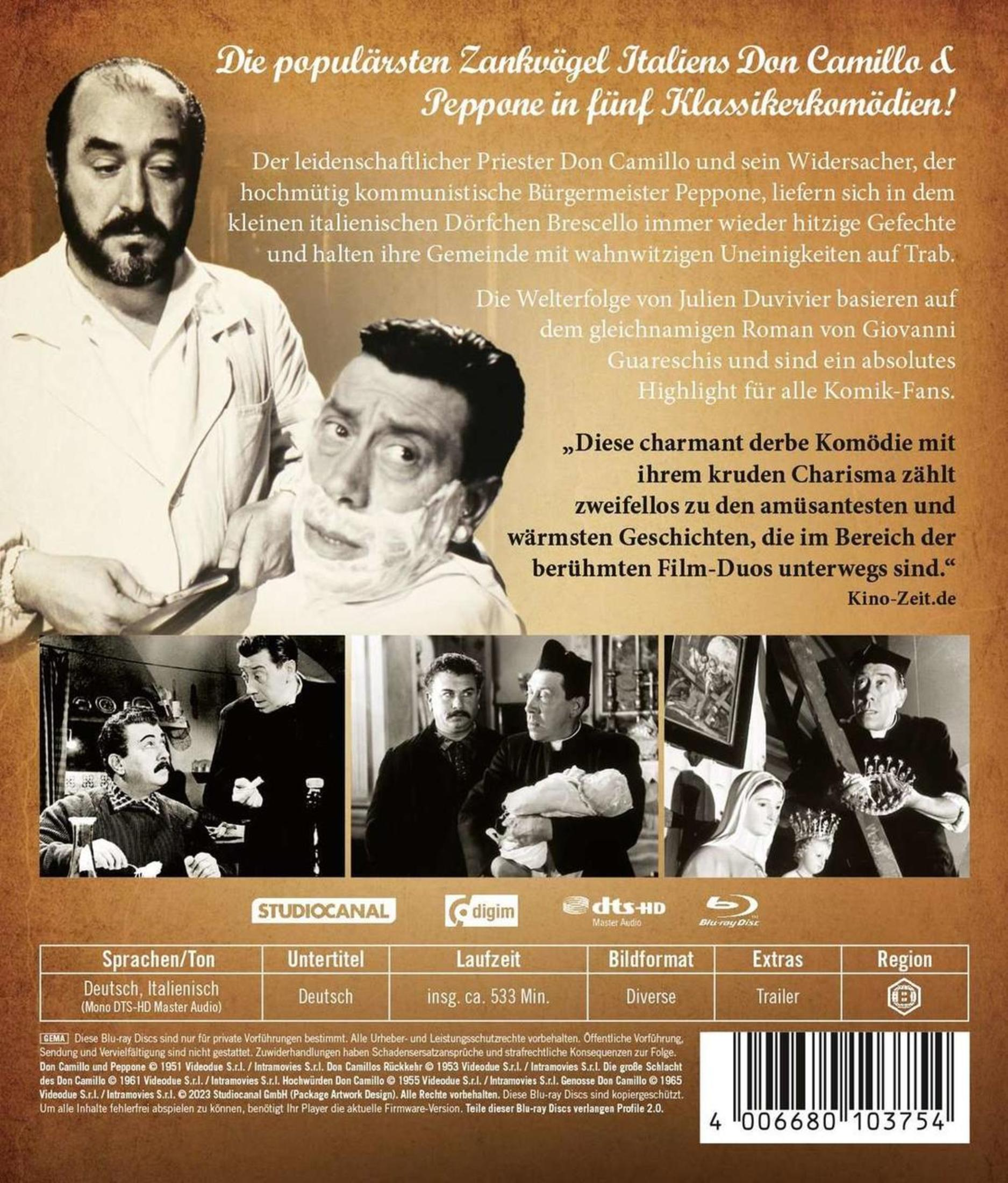 Copertina del film con ritratti di Don Camillo e scene dei film.
