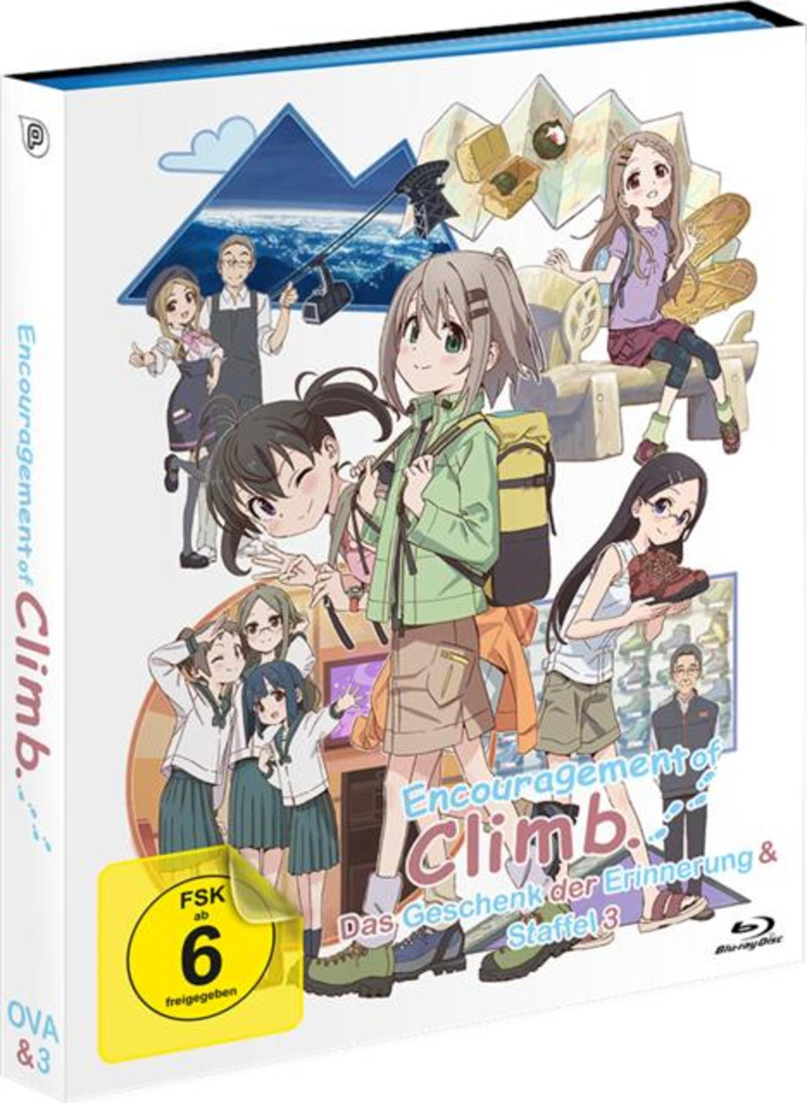 Copertina anime con ragazze, attrezzatura da trekking e paesaggio montano.