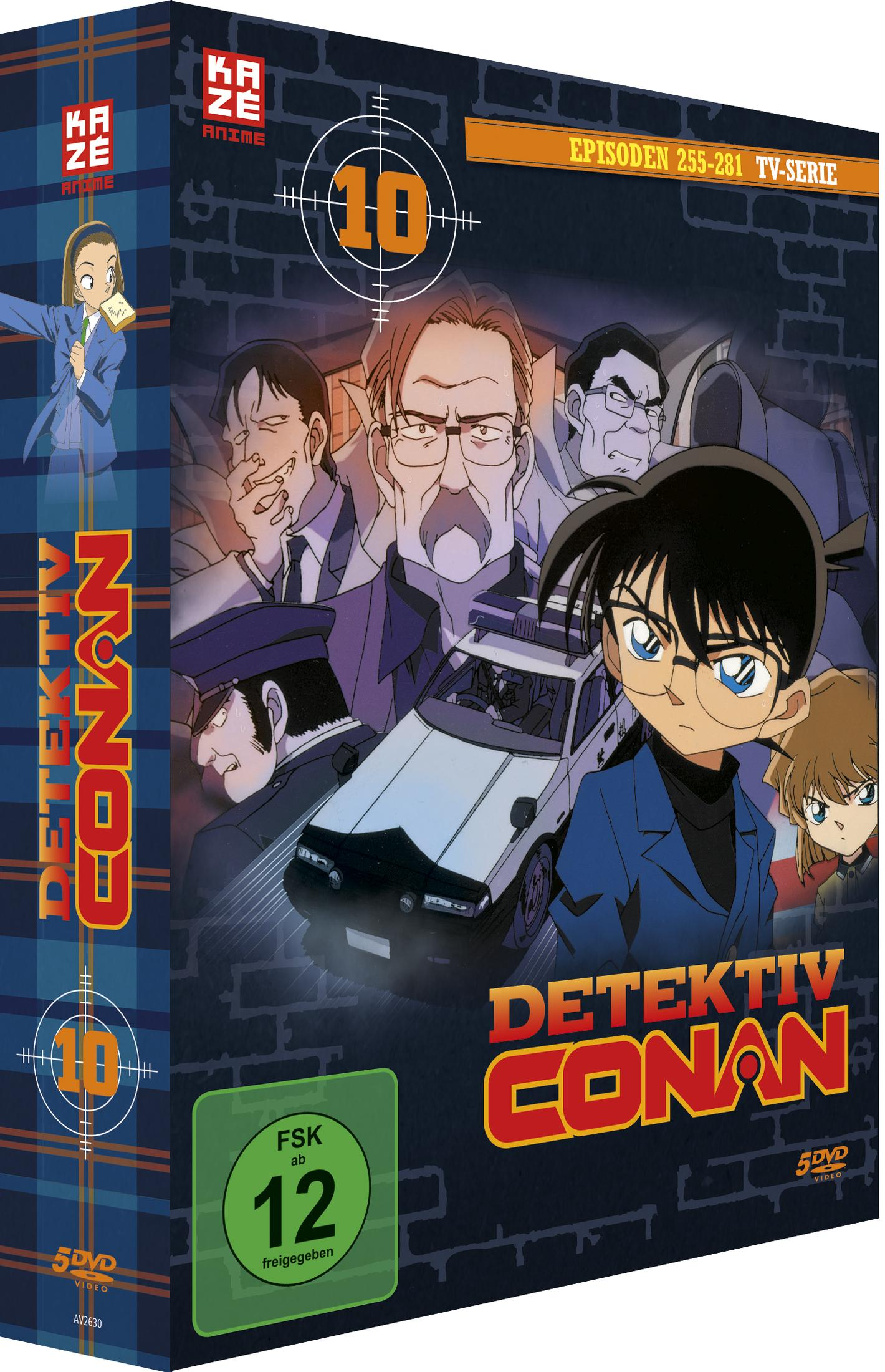 Box DVD Detective Conan 10 con personaggi e auto della polizia su sfondo scuro.