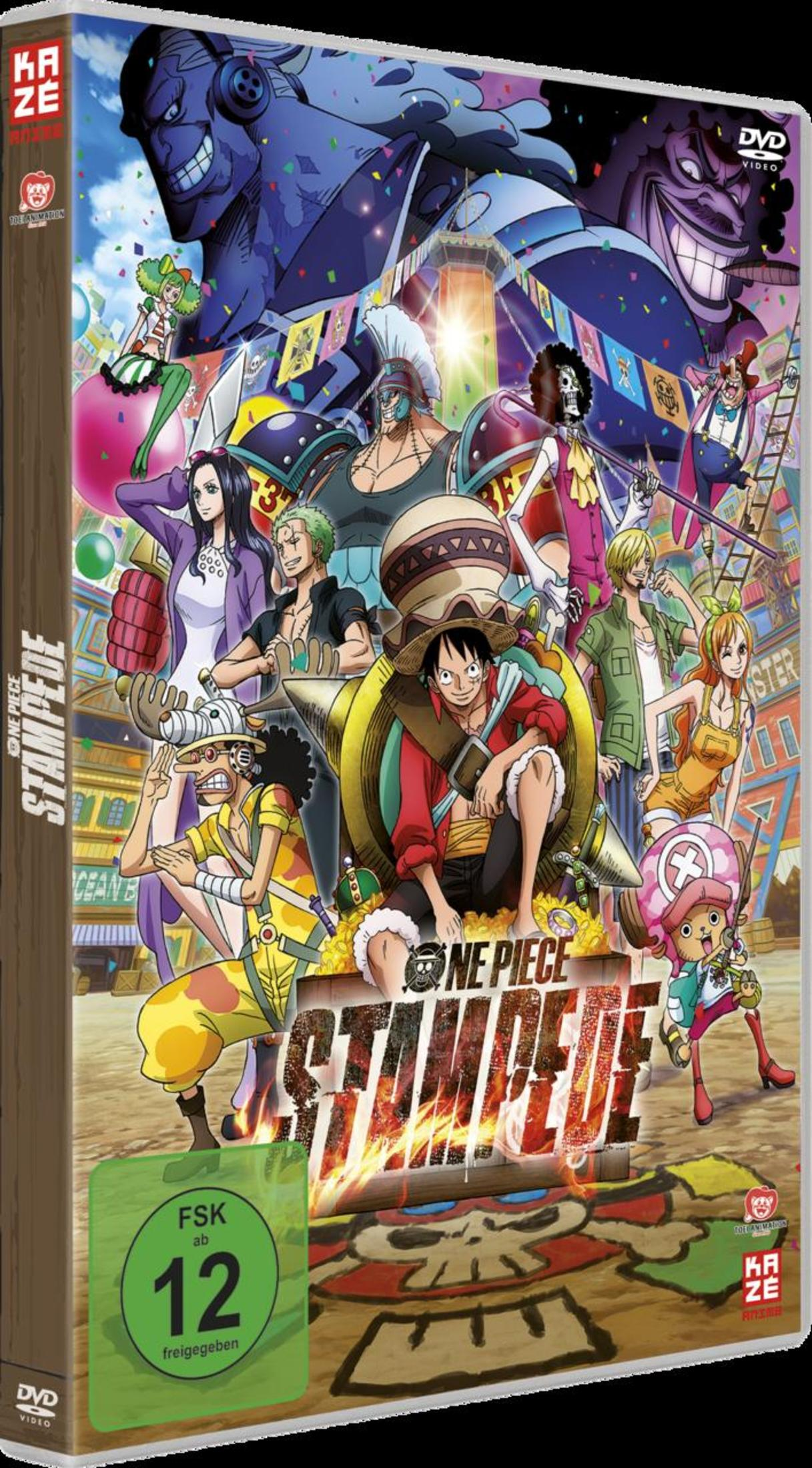 Copertina film anime con personaggi come Luffy e Zoro, intitolato "One Piece Stampede" con FSK 12.