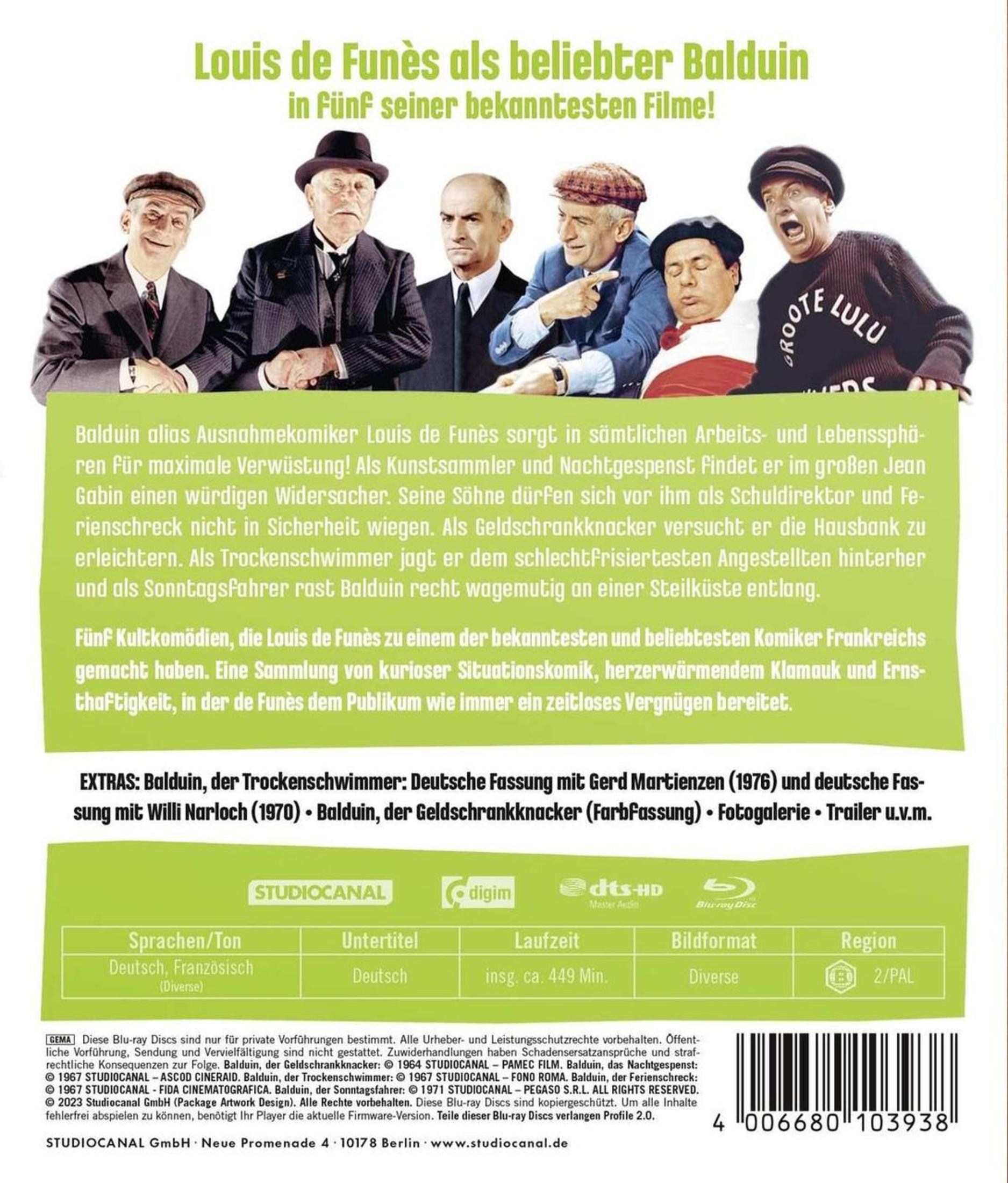 Cinque film di Louis de Funès: Cinque uomini in abito e cappello, tre sorridono.