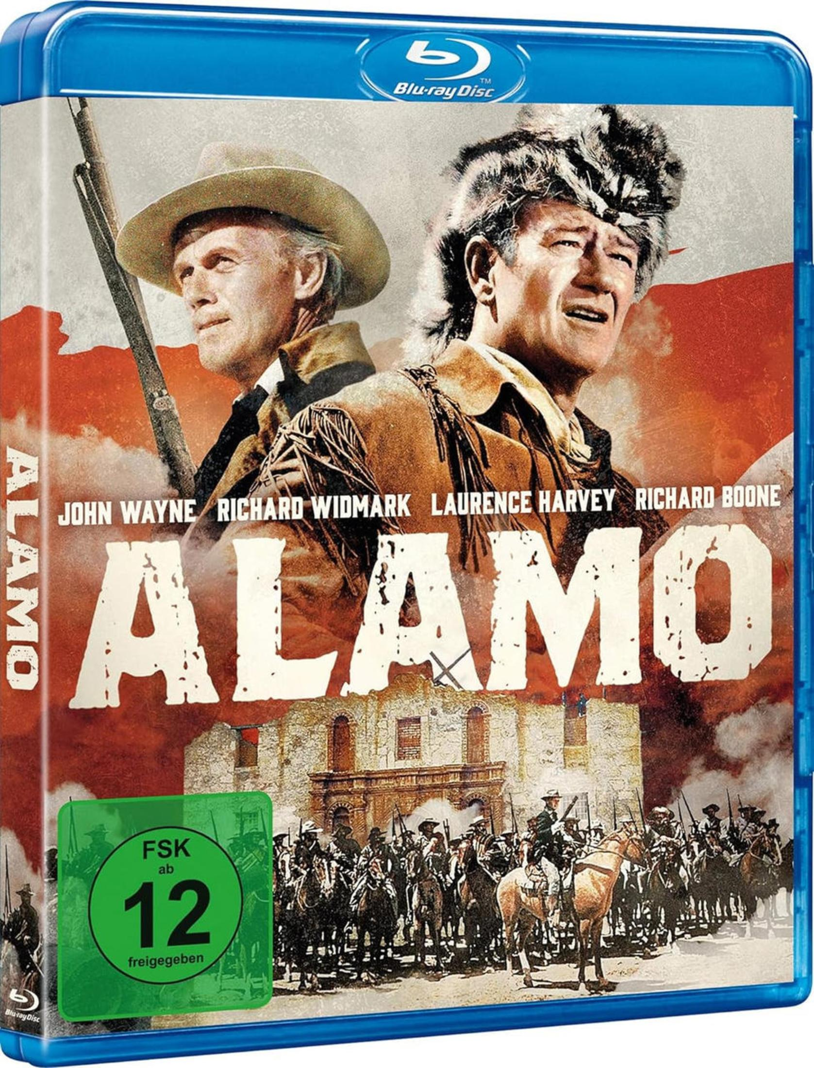 Copertina Blu-ray: Due uomini, scritta "ALAMO", scena di battaglia.