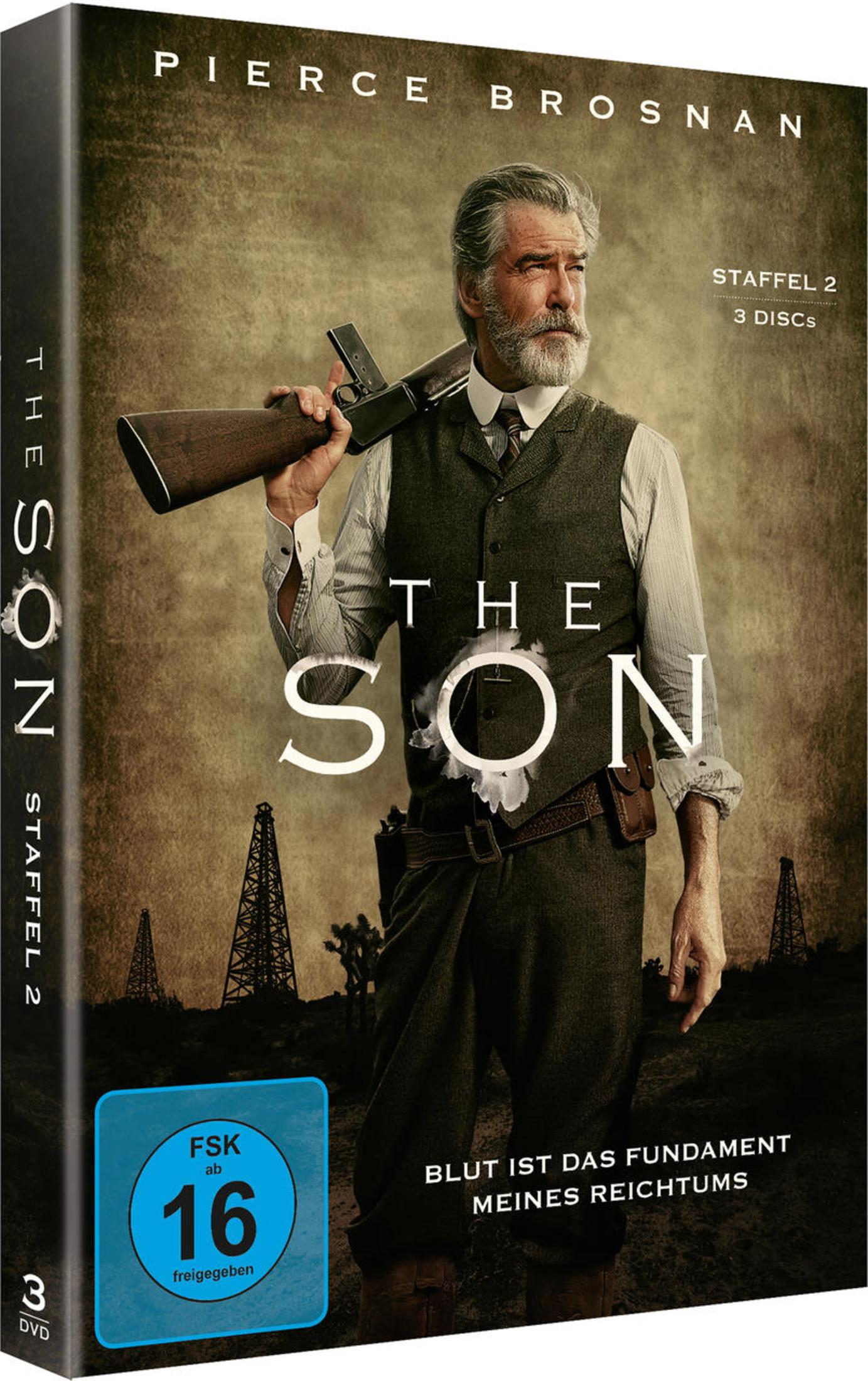 Pierce Brosnan mit Gewehr; DVD-Cover von Staffel 2 von The Son.