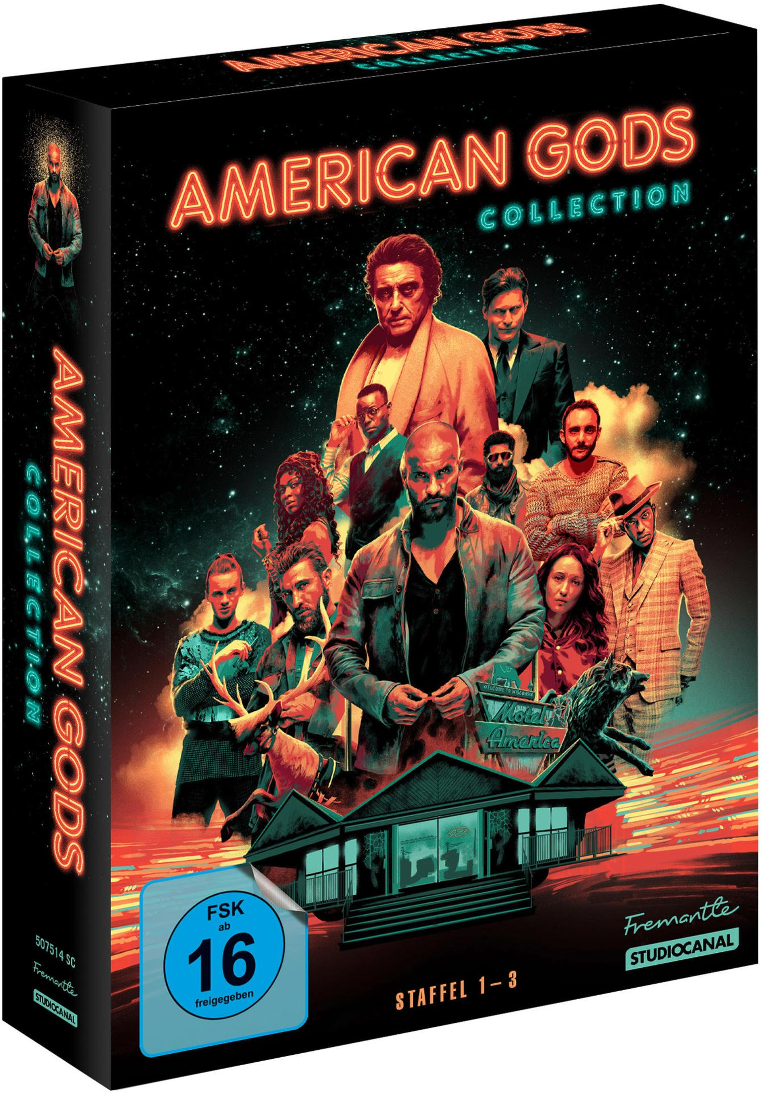 Die Hülle von American Gods Collection mit Charakteren und einem Motel.
