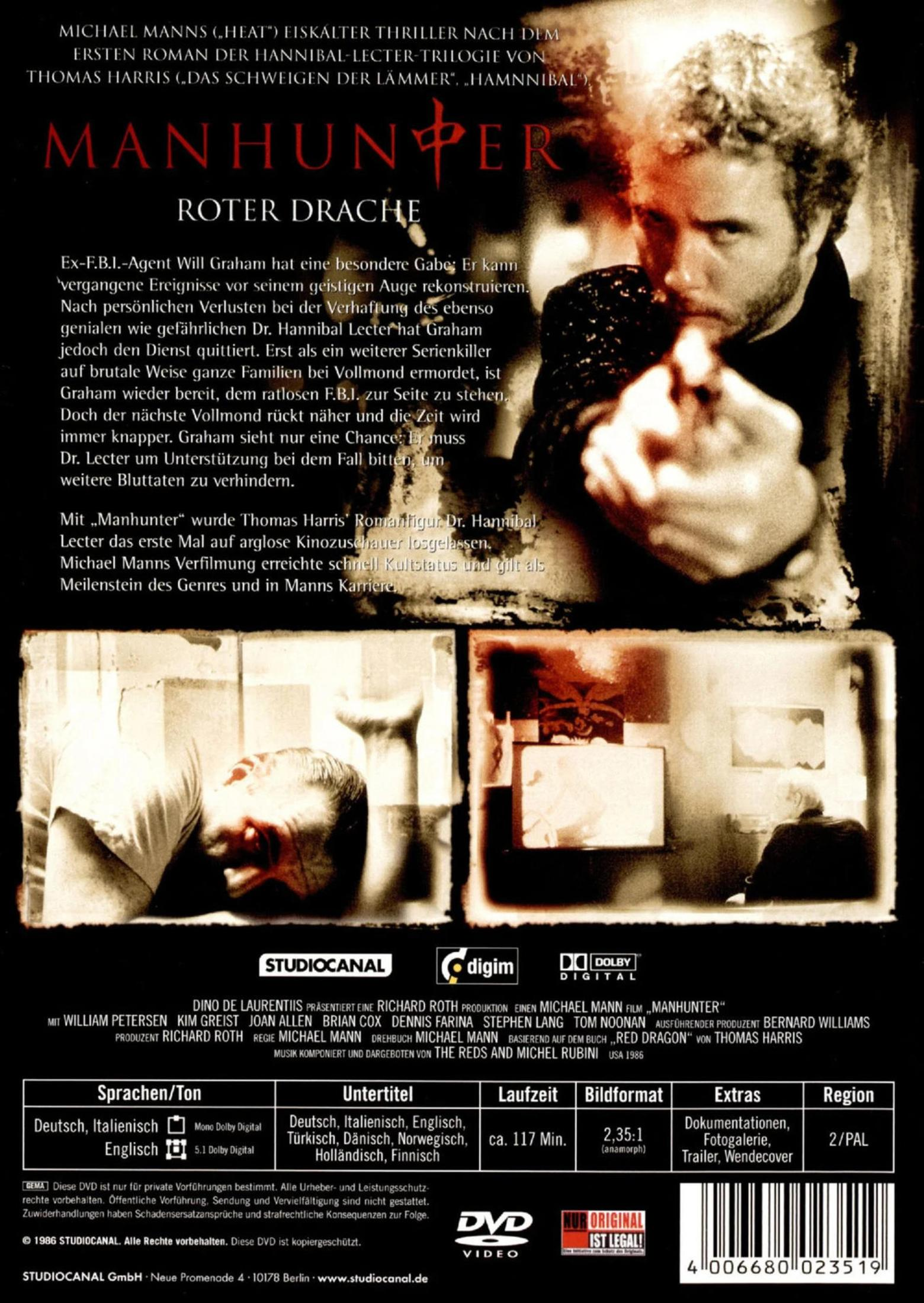 Copertina DVD Manhunter: Drago Rosso, con crediti e loghi del film.