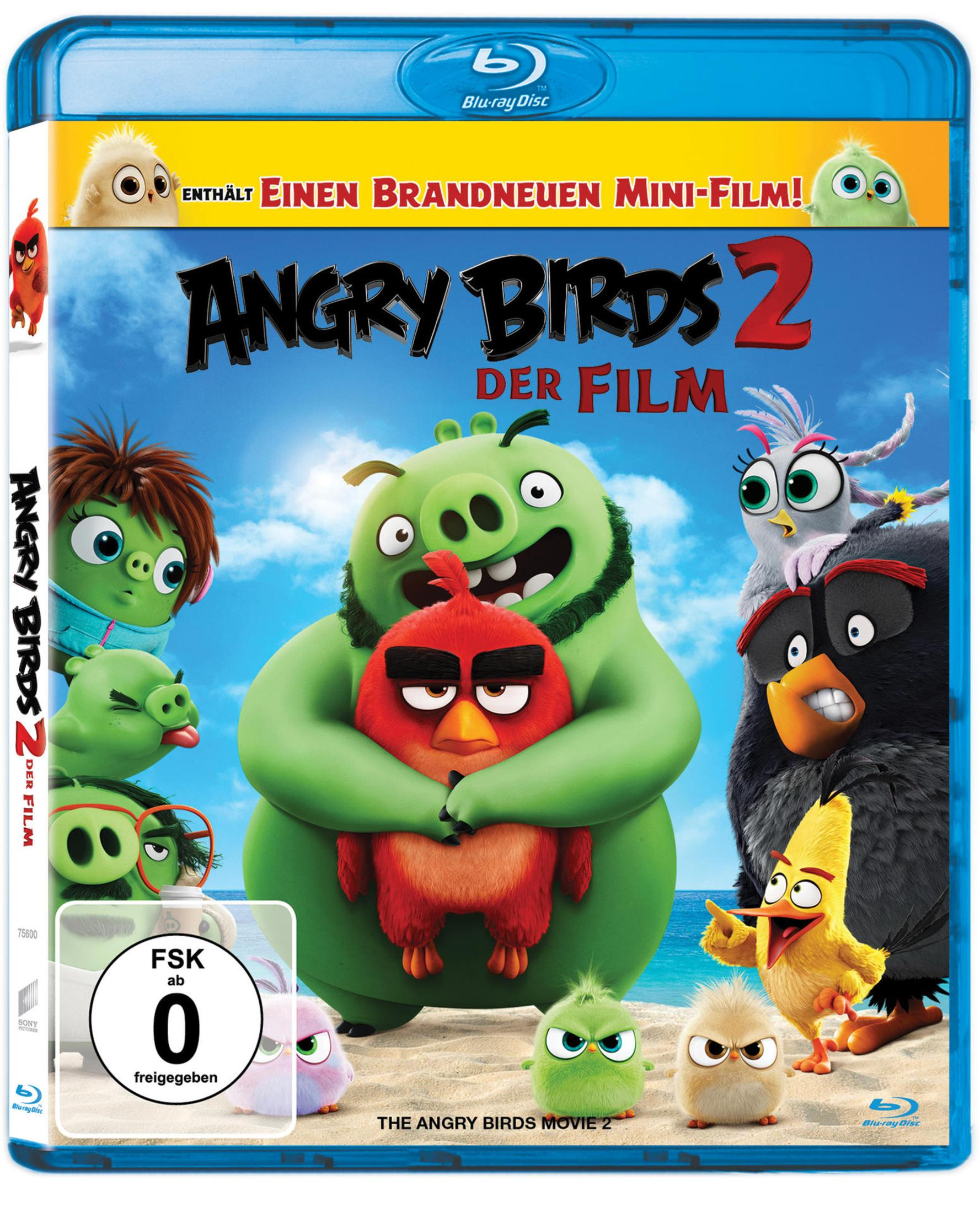 Blu-ray Hülle von Angry Birds 2 mit vielen Charakteren auf blauem Himmel Hintergrund.