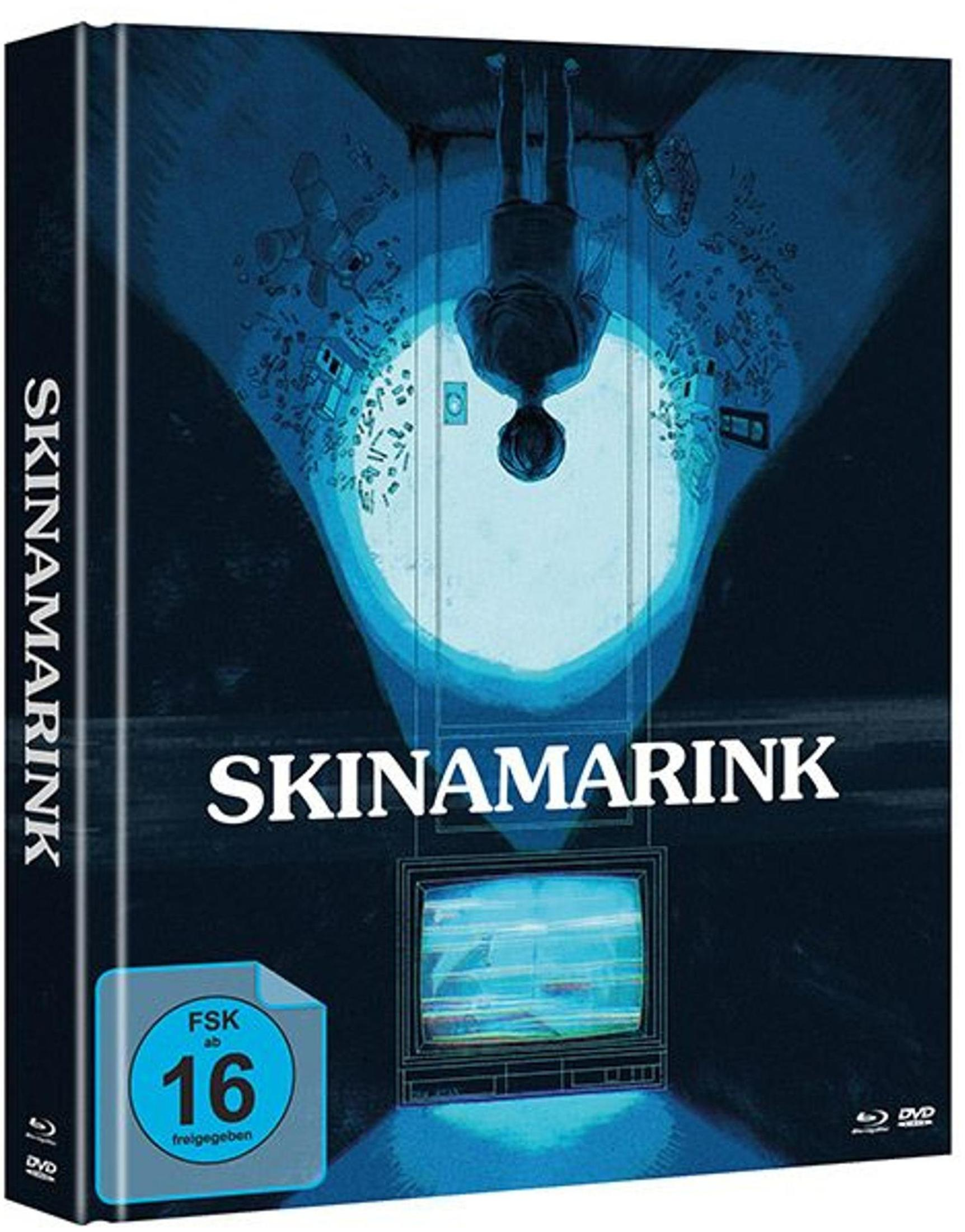 Copertina DVD Skinamarink: bambino capovolto, TV retrò, rating FSK 16.
