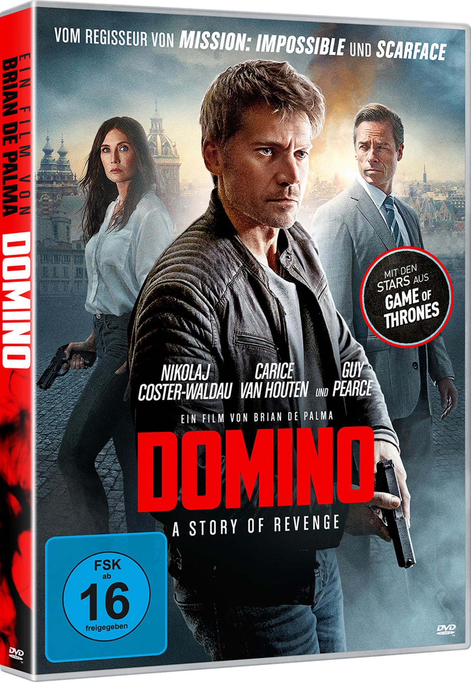 Poster del film "Domino": Tre persone, due uomini e una donna, con pistole.