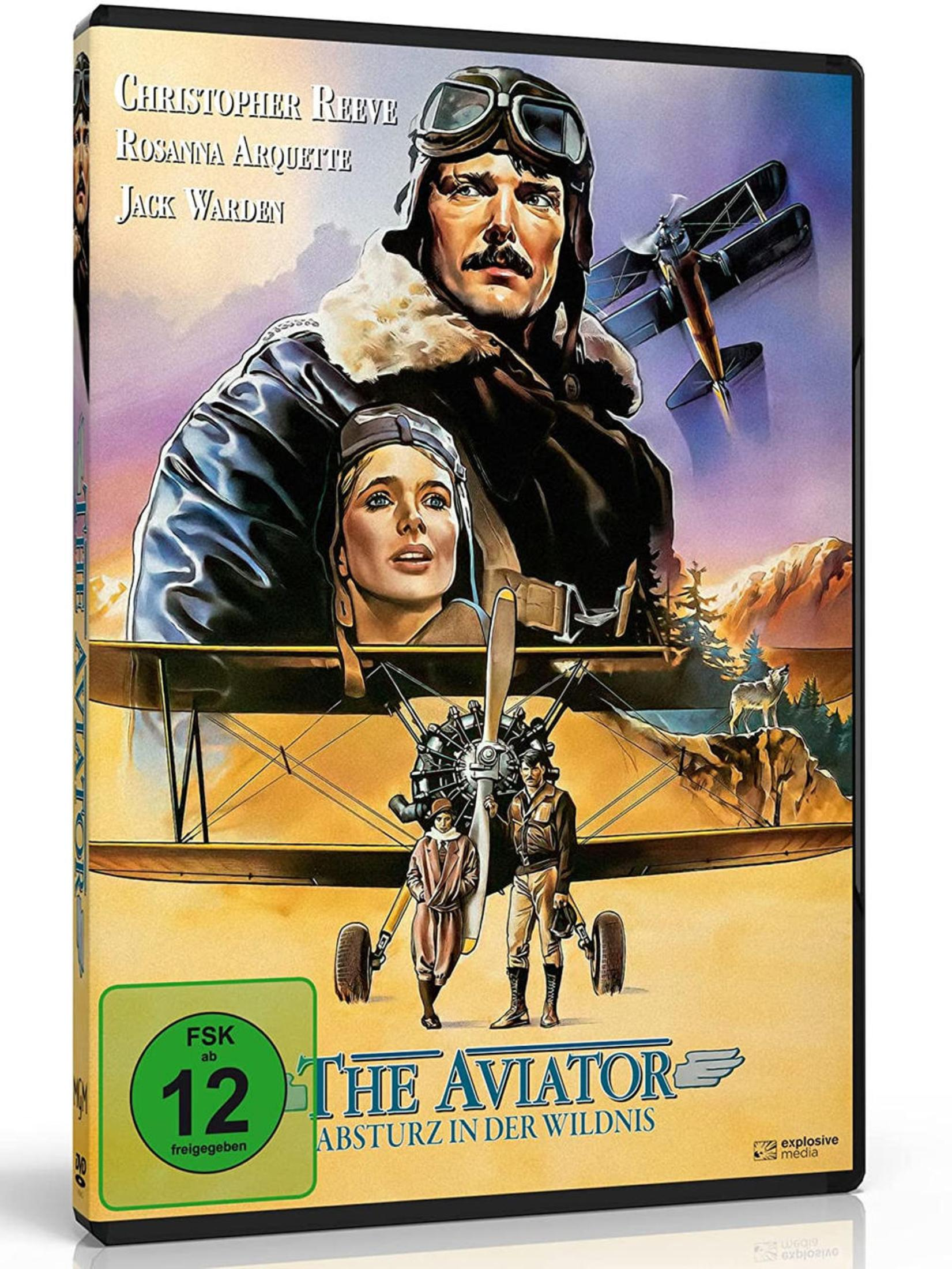 Poster del film: Pilota con occhiali, donna, aereo, due persone e lupo in paesaggio montano.