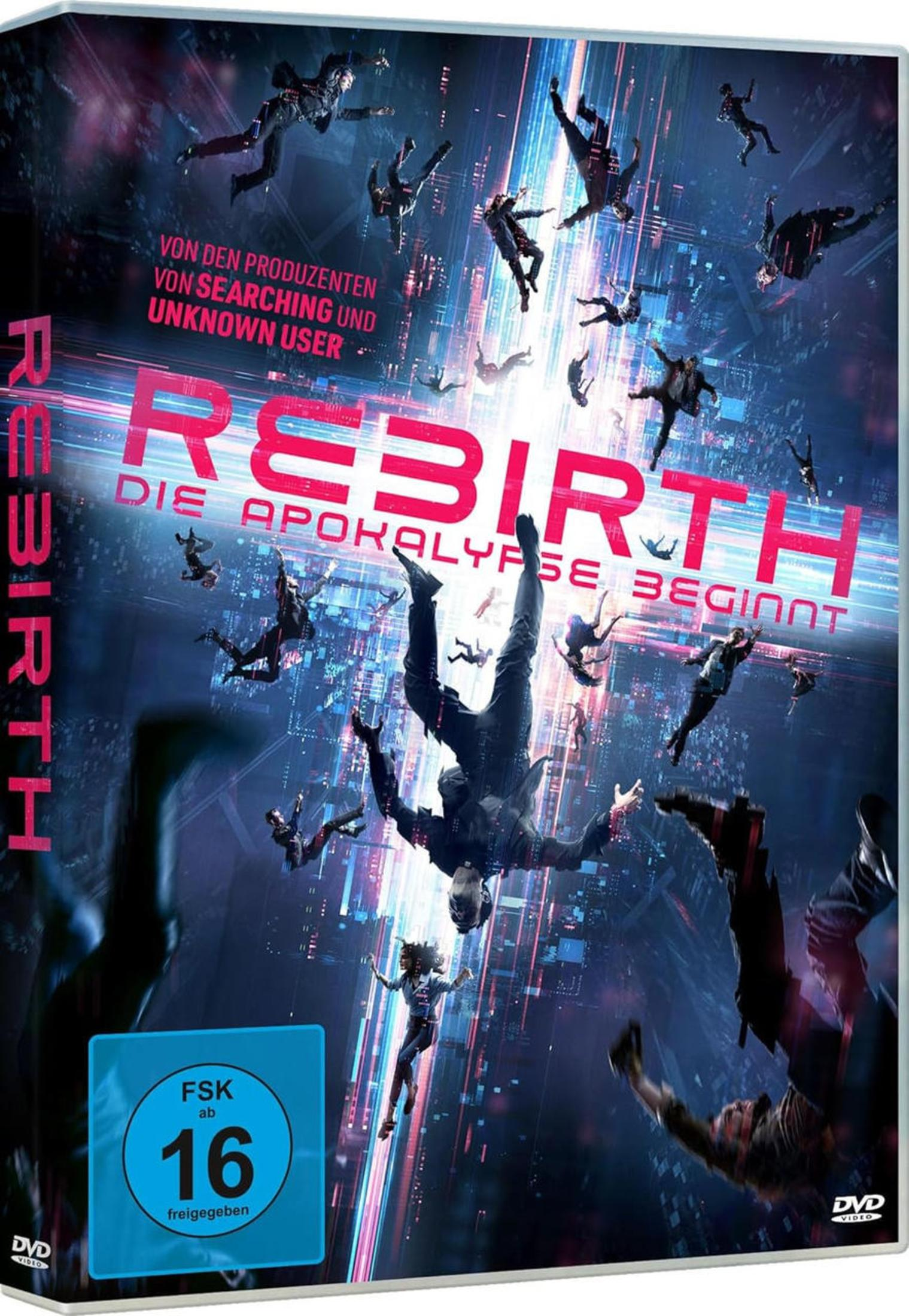 Persone cadono dal cielo tra luci al neon e il titolo "Rebirth".