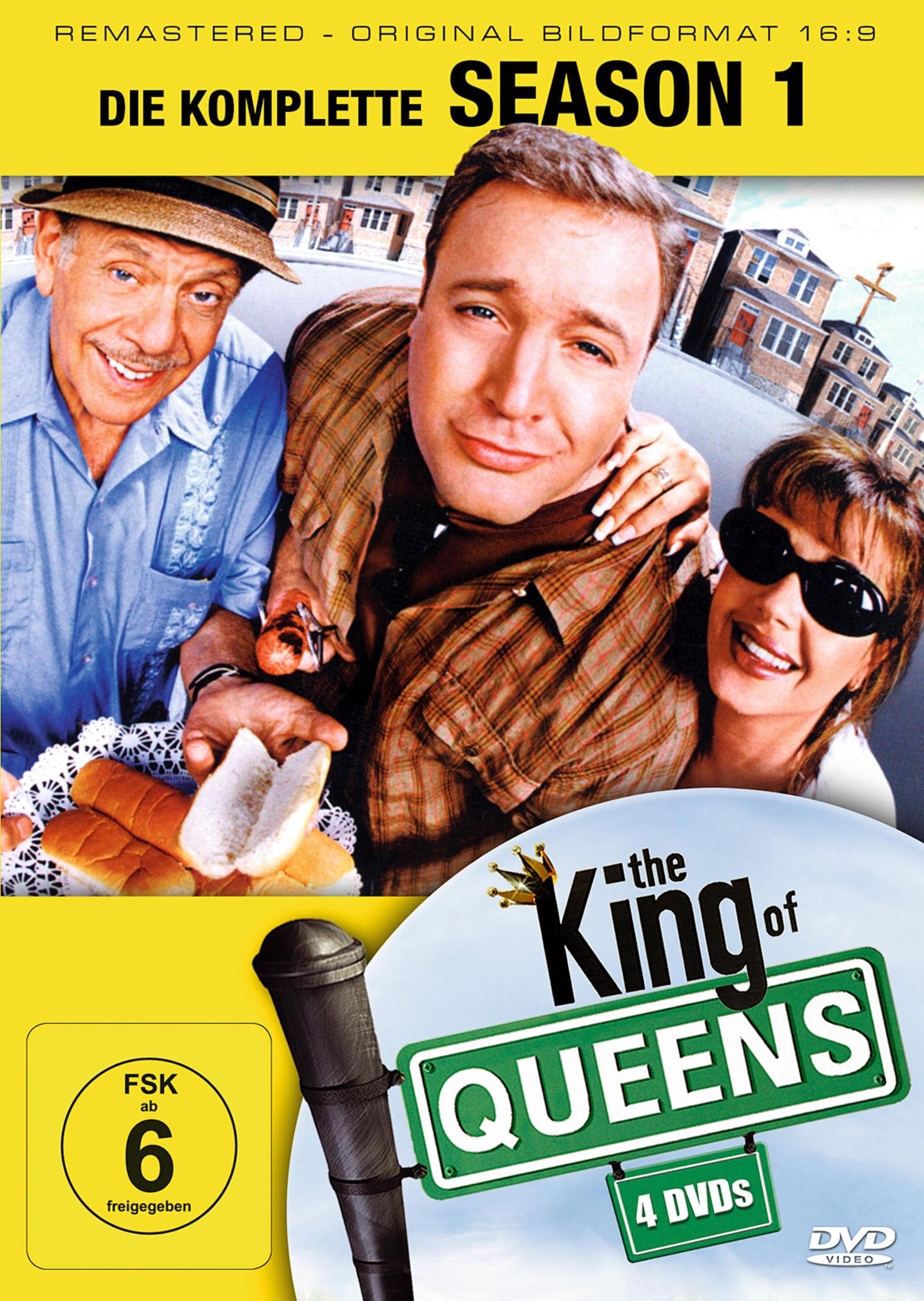 La stagione 1 completa di King of Queens con tre attori principali e hot dog.