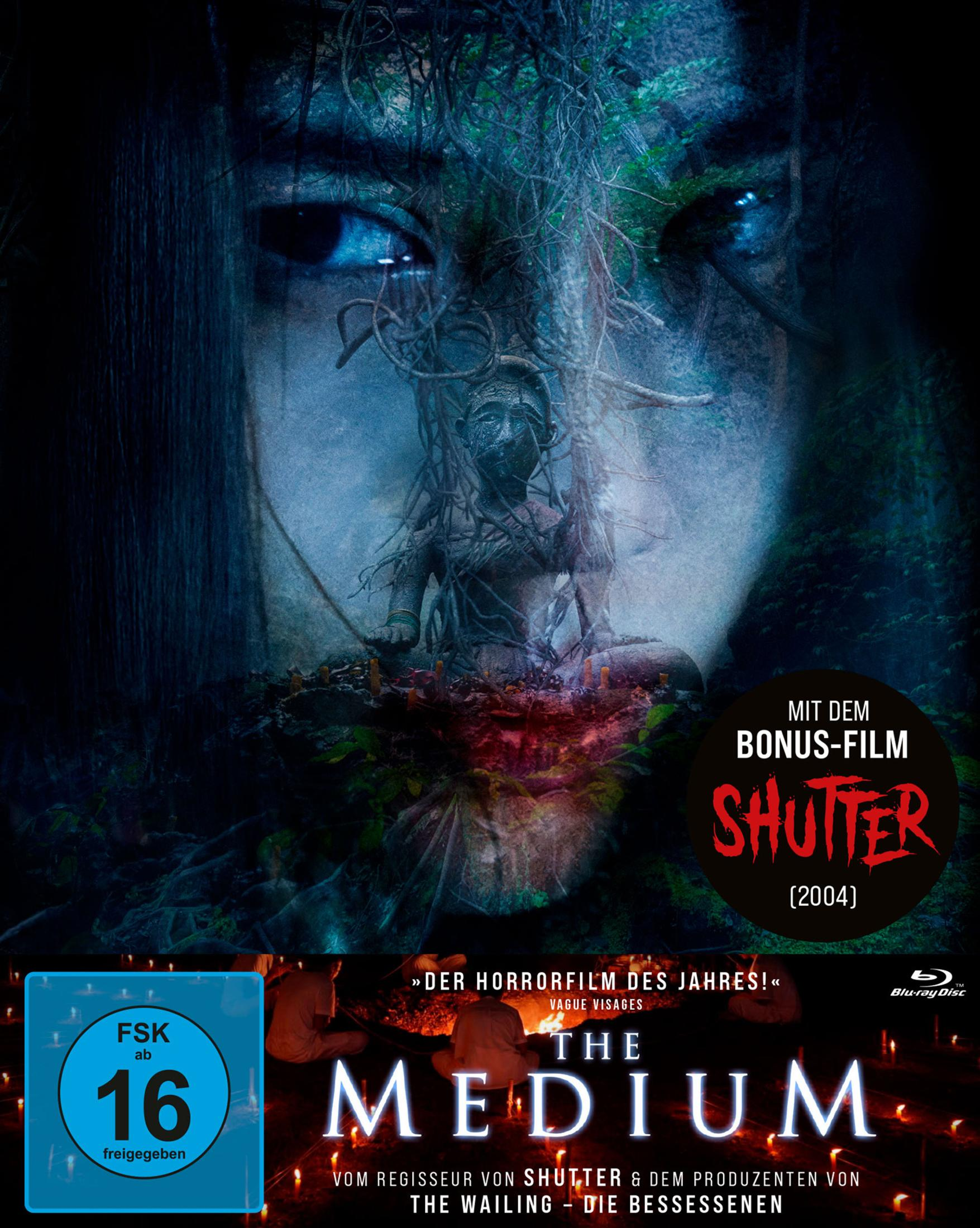 Copertina film horror: Figura spettrale, occhio, rampicanti, luce candela. FSK 16.