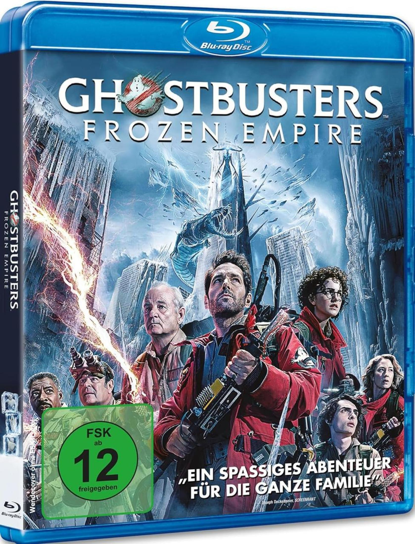Copertina Blu-ray Ghostbusters Frozen Empire con cast, fantasmi e ghiaccio.