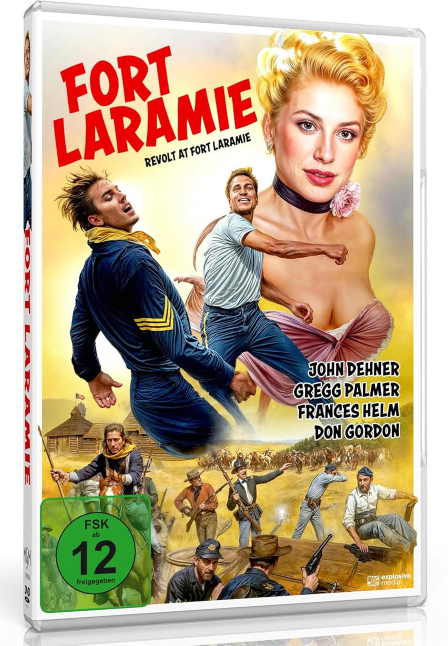Copertina DVD: Fort Laramie con attori, un forte e battaglia di cavalleria.