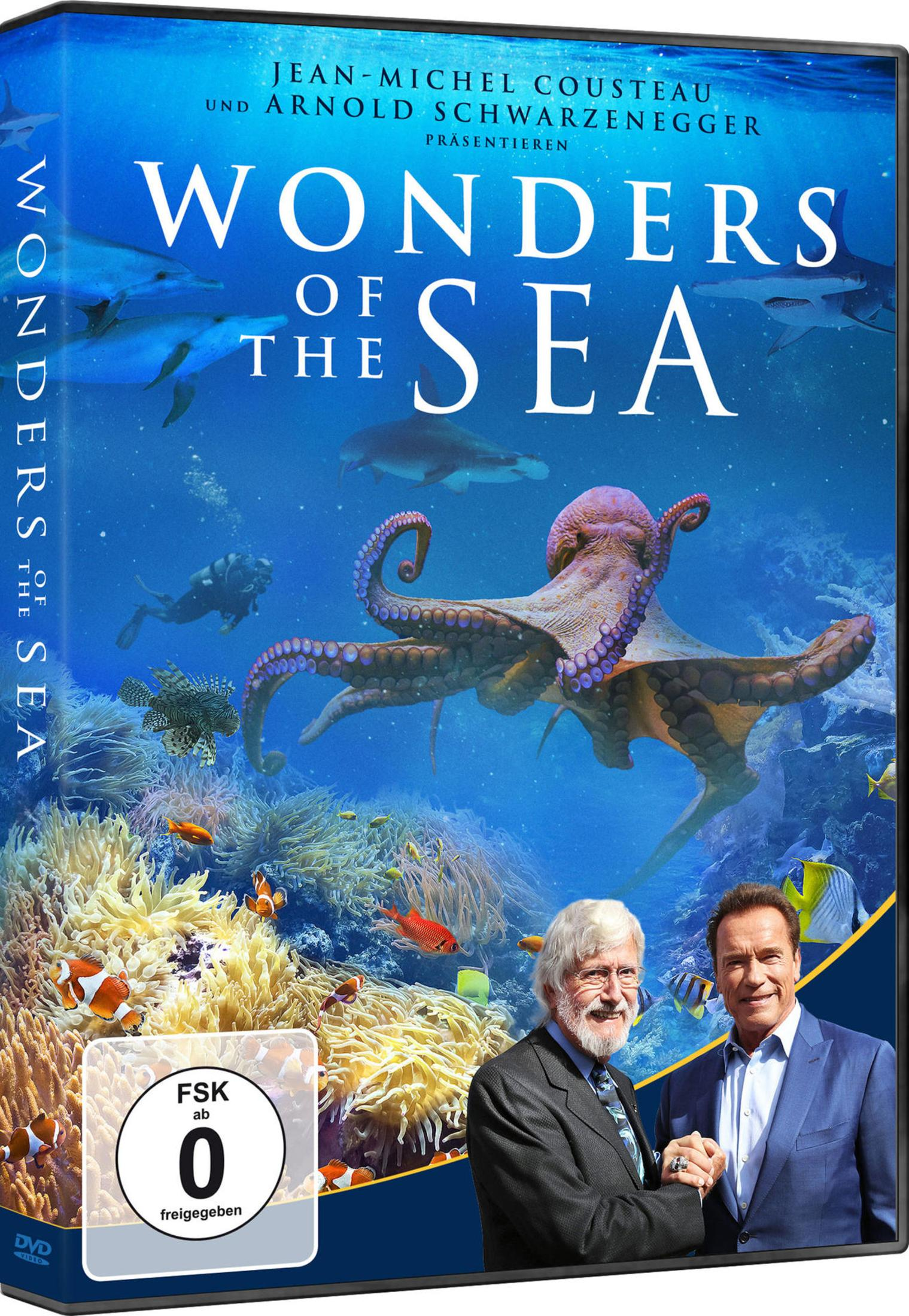 Copertina DVD: Arnold Schwarzenegger e Jean-Michel Cousteau, polpo, delfini, squali.