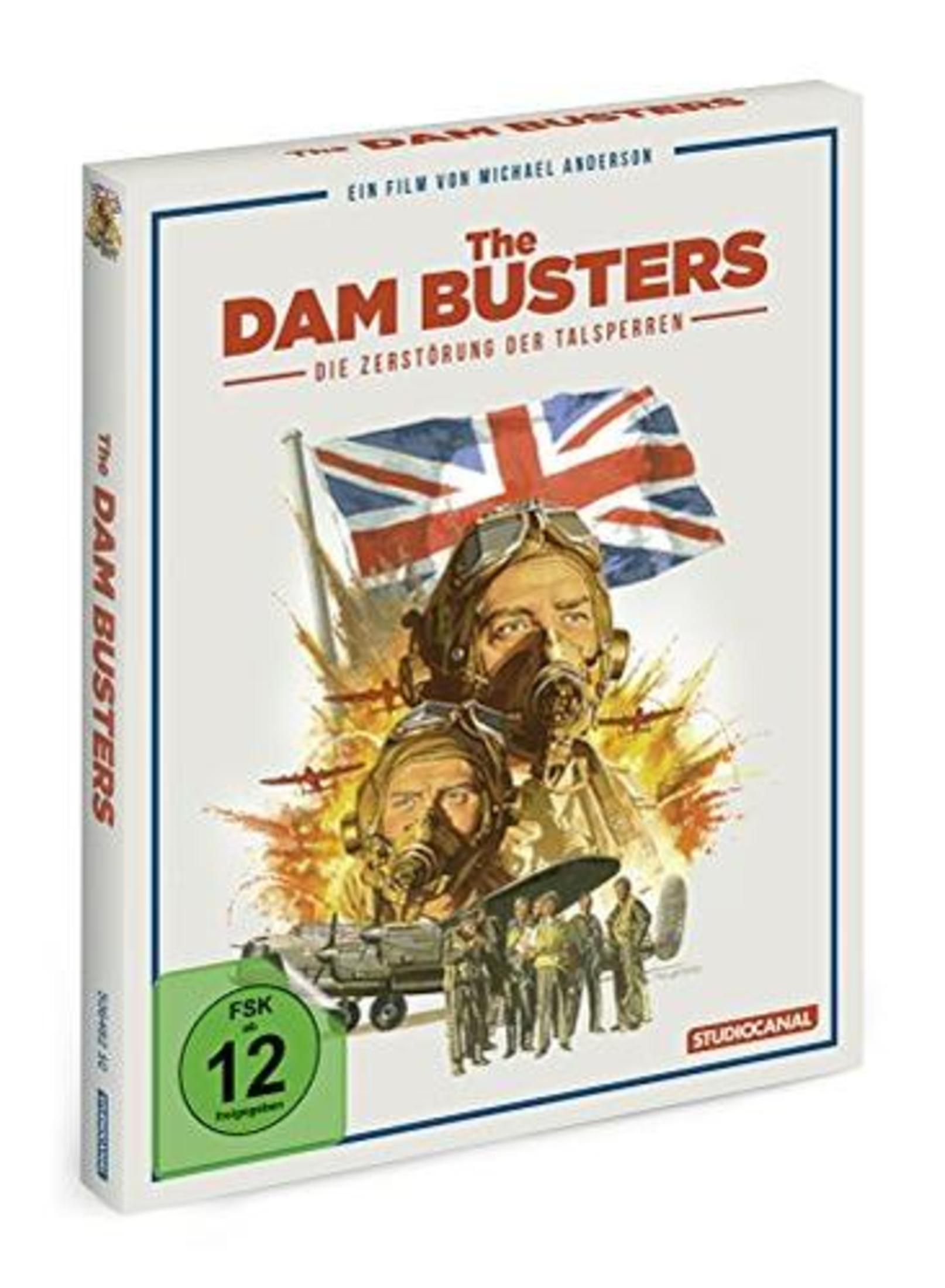 DVD-Cover von The Dam Busters mit Piloten, Flugzeugen, britischer Flagge und FSK 12 Siegel.