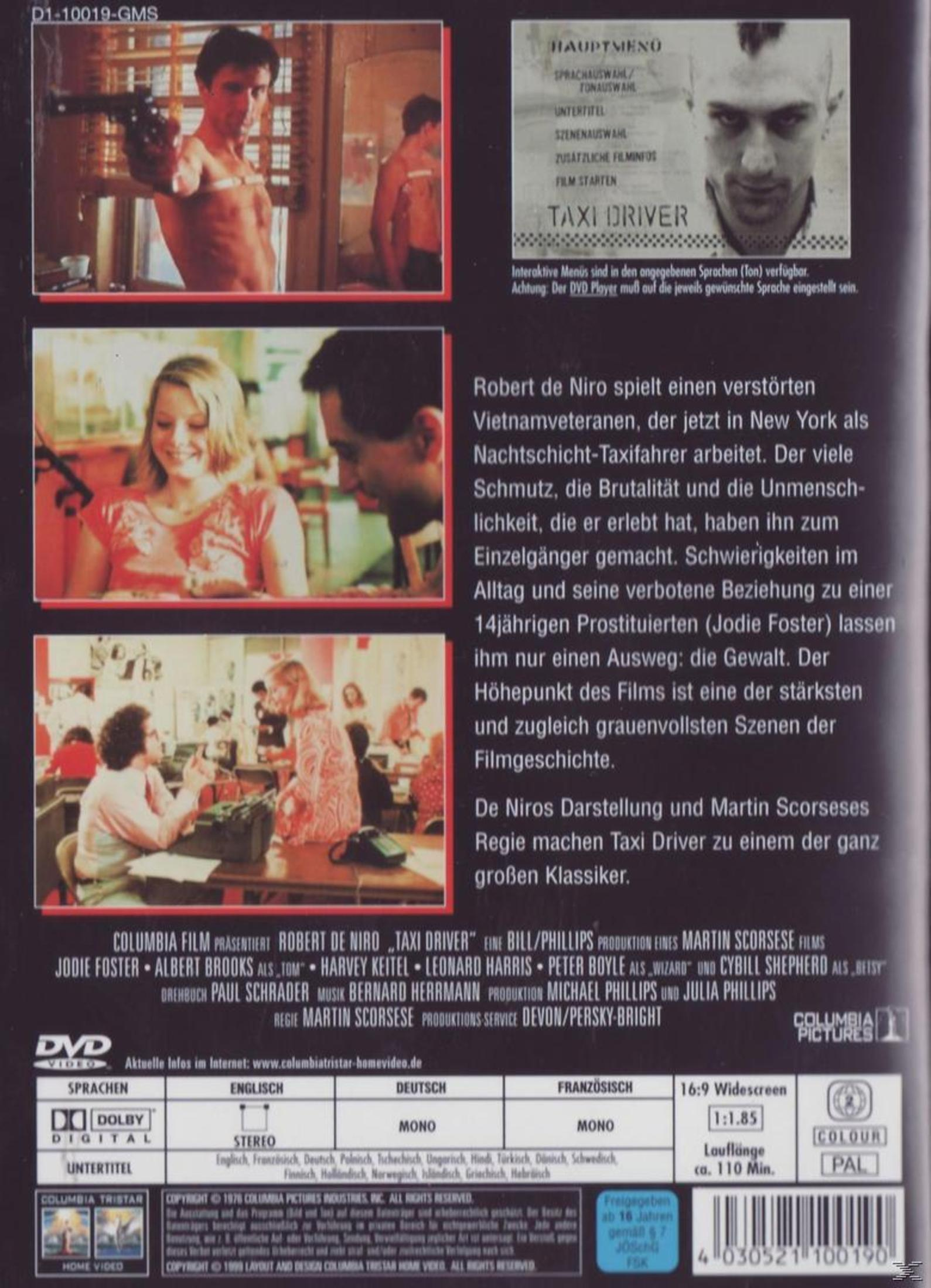 DVD-Cover von Taxi Driver mit Szenen und Text über den Film.