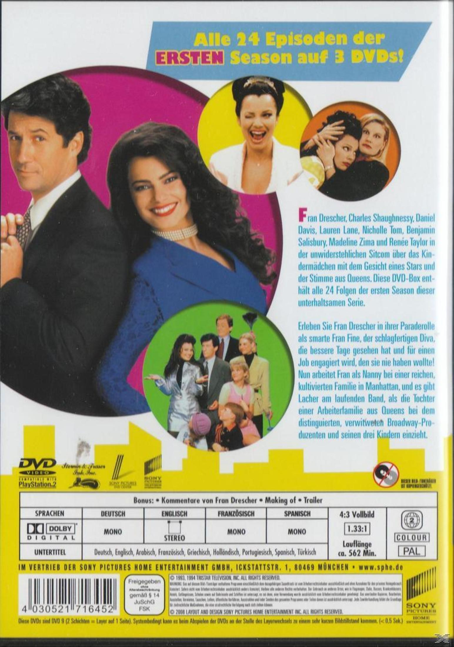 Copertina DVD "La tata" Stagione 1. Con il cast principale, Fran Drescher ride.